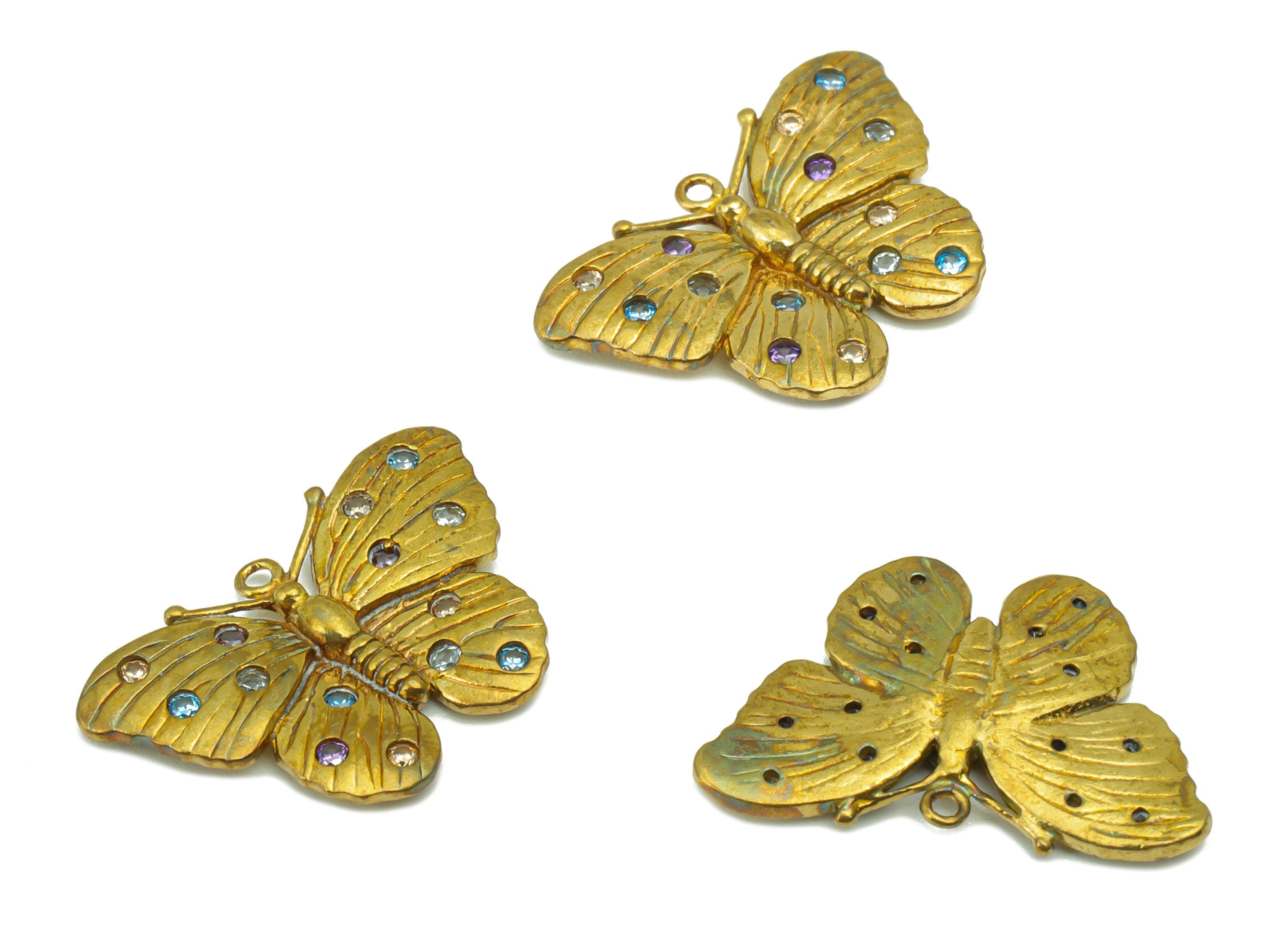 Brass Butterfly Earring Charm -Brass Textured -Cubic Zirconia-Rainbow CZ Butterfly Pendant-Animal Pendant -22x14 x1.63mm-PP8454 - DOMEDBAZAAR