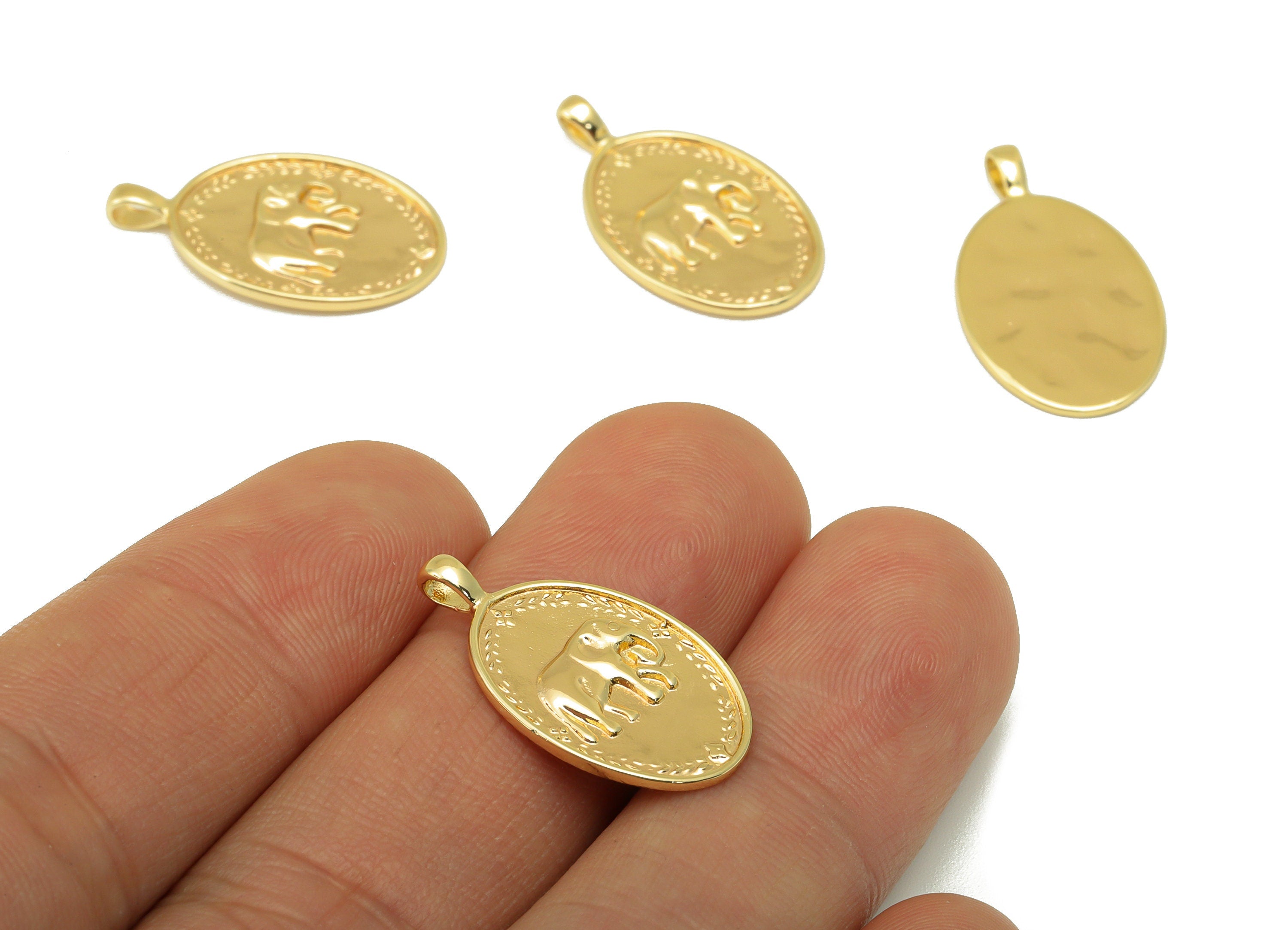 Brass Ellipse Earring - Elephant Frame Oval Pendant - Vintage Lace Looking Charm - For Necklace -18k Real Gold Plated- 23x14x1.3mm - RGP6397 - DOMEDBAZAAR