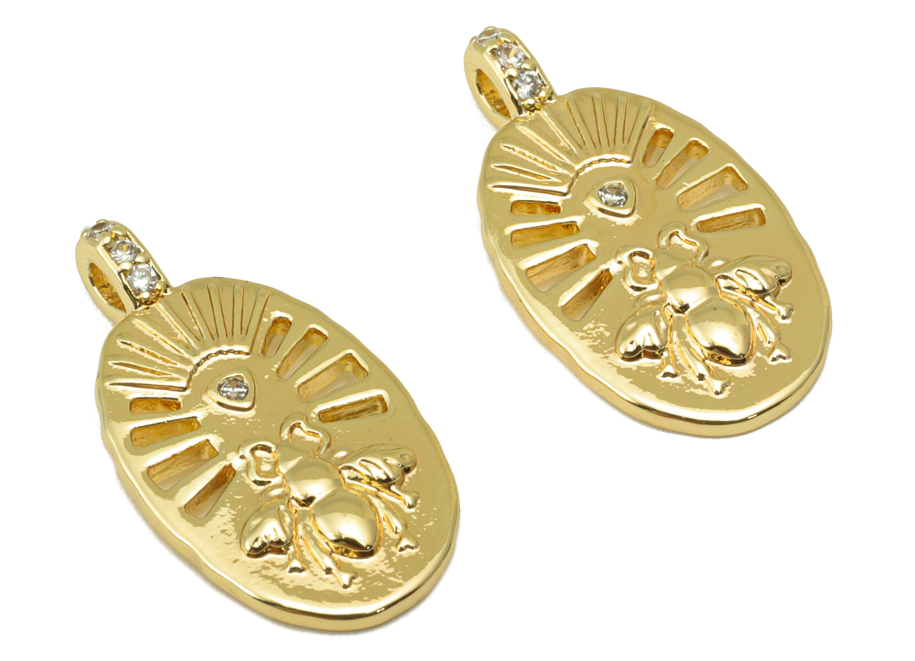 Brass Ellipse Earring - Hollow Bee Charm - Cubic Zirconia Pendant - CZ Animal - For Necklace -18k Real Gold Plated - 22x11.8x1.6mm - RGP6398 - DOMEDBAZAAR