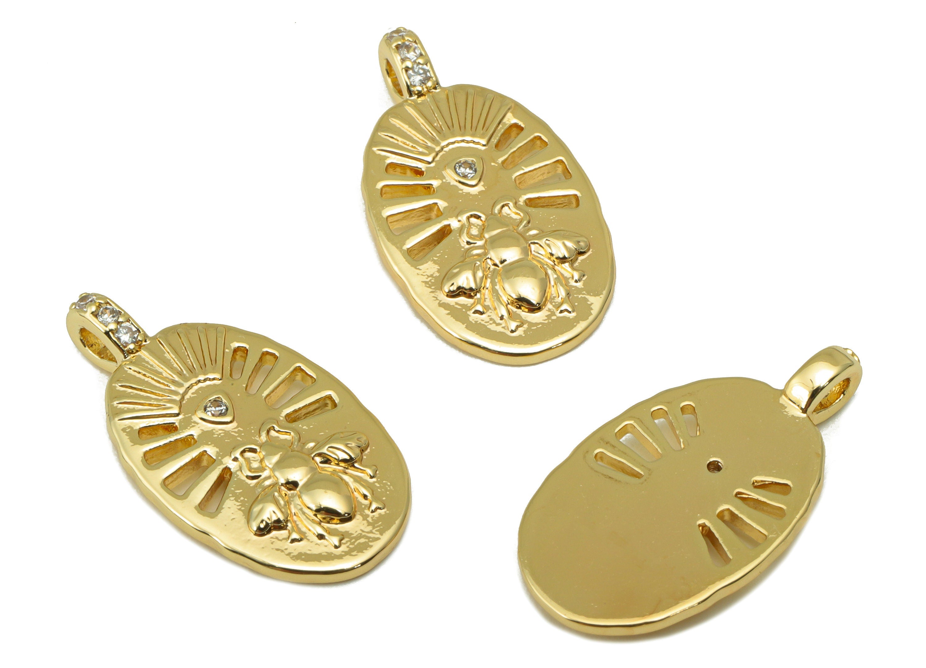 Brass Ellipse Earring - Hollow Bee Charm - Cubic Zirconia Pendant - CZ Animal - For Necklace -18k Real Gold Plated - 22x11.8x1.6mm - RGP6398 - DOMEDBAZAAR