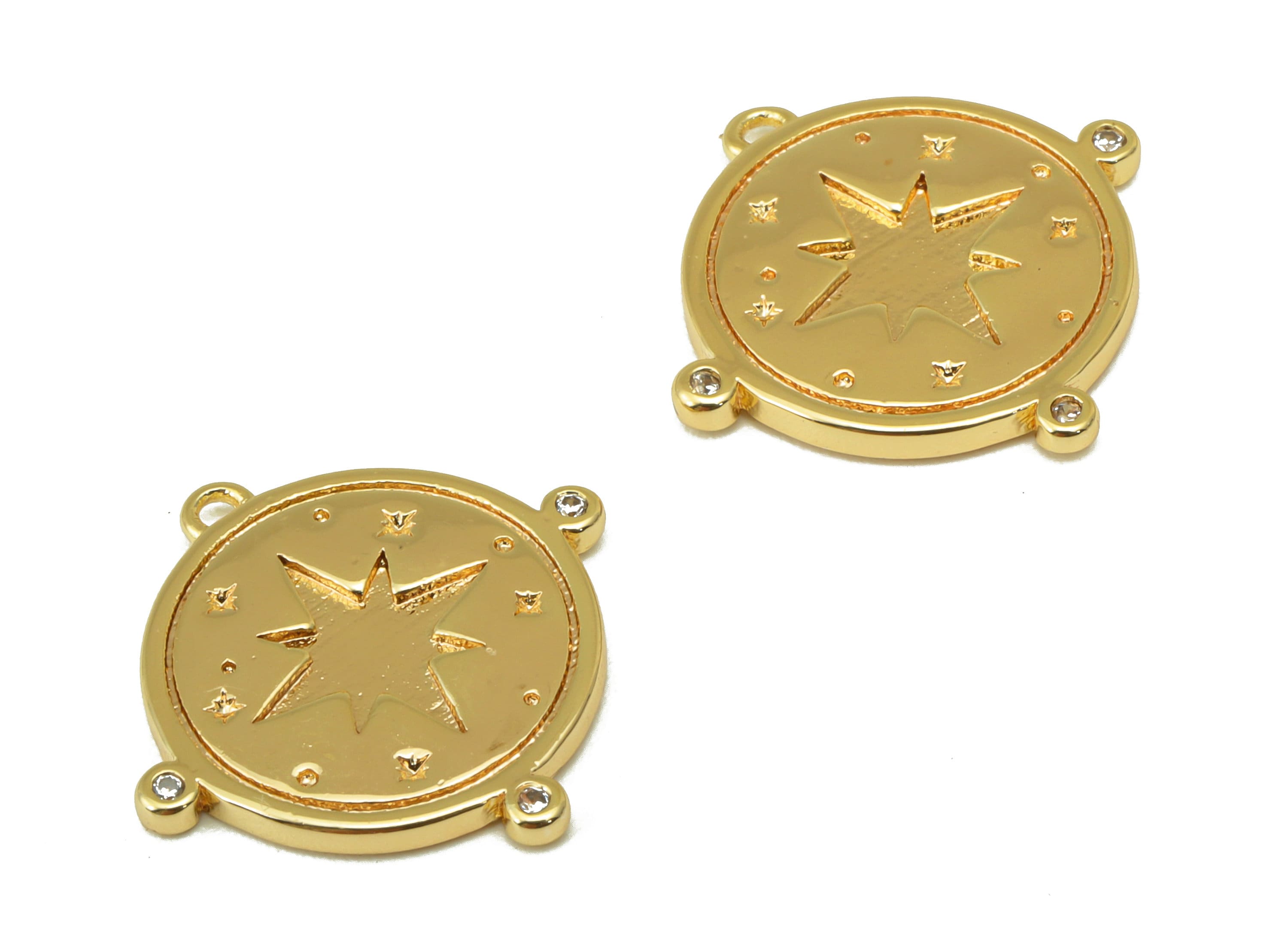 Brass Round Earring -Brass North Star Charm - Cubic Zirconia Pendant - CZ Space Charm -For Necklace -18k Real Gold Plated-18x18x2mm- RGP6399 - DOMEDBAZAAR