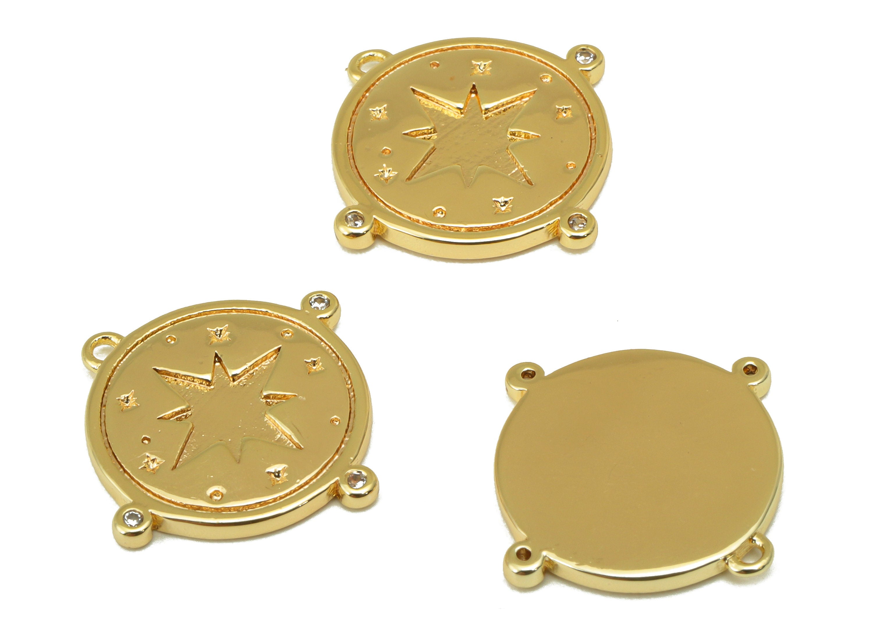 Brass Round Earring -Brass North Star Charm - Cubic Zirconia Pendant - CZ Space Charm -For Necklace -18k Real Gold Plated-18x18x2mm- RGP6399 - DOMEDBAZAAR