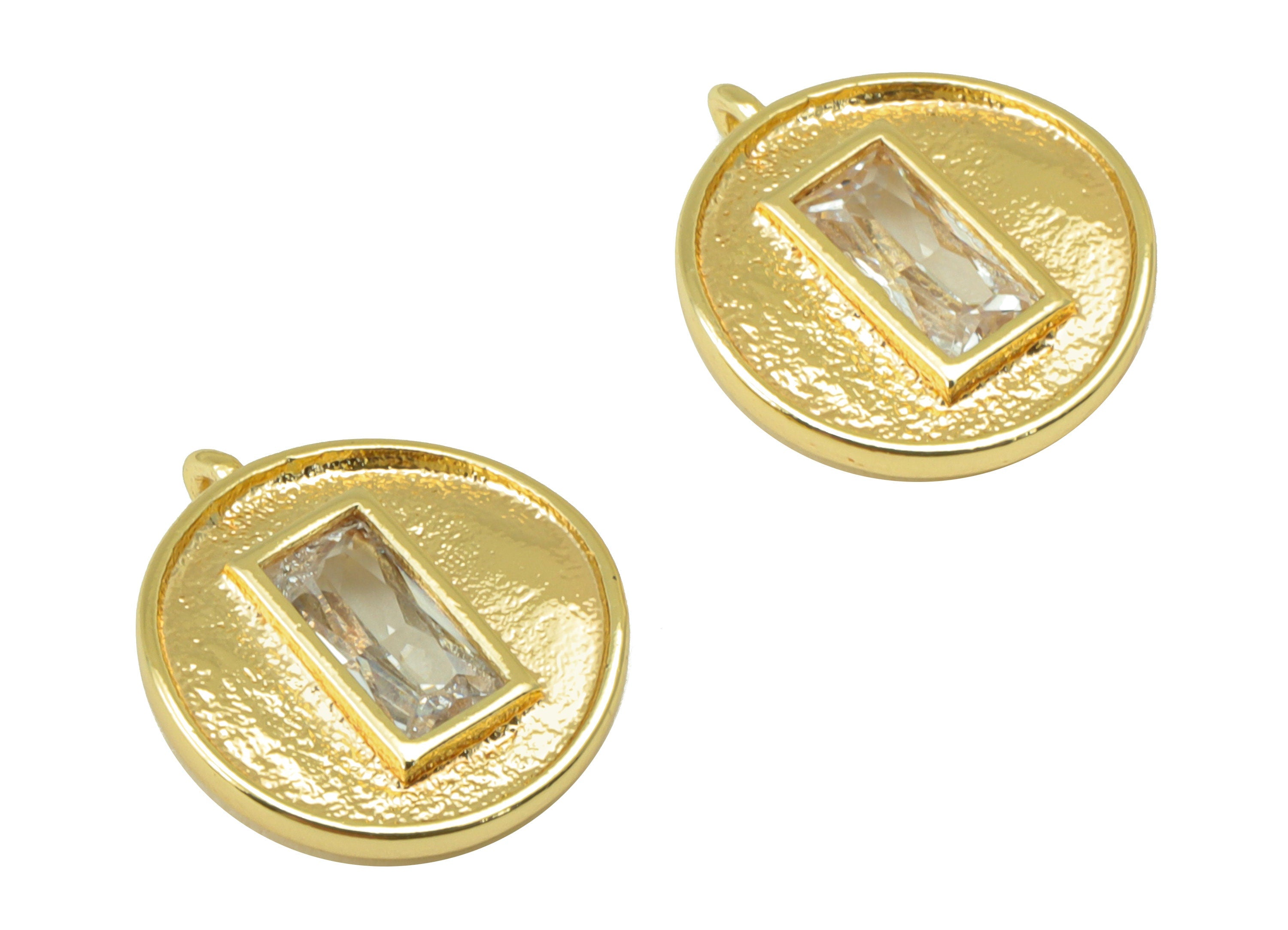 Brass Bent Round Earring - Textured Emerald Charm - Cubic Zirconia Mini Pendant - For Necklace - 18k Real Gold Plated - 13x11x2mm- RGP6402 - DOMEDBAZAAR