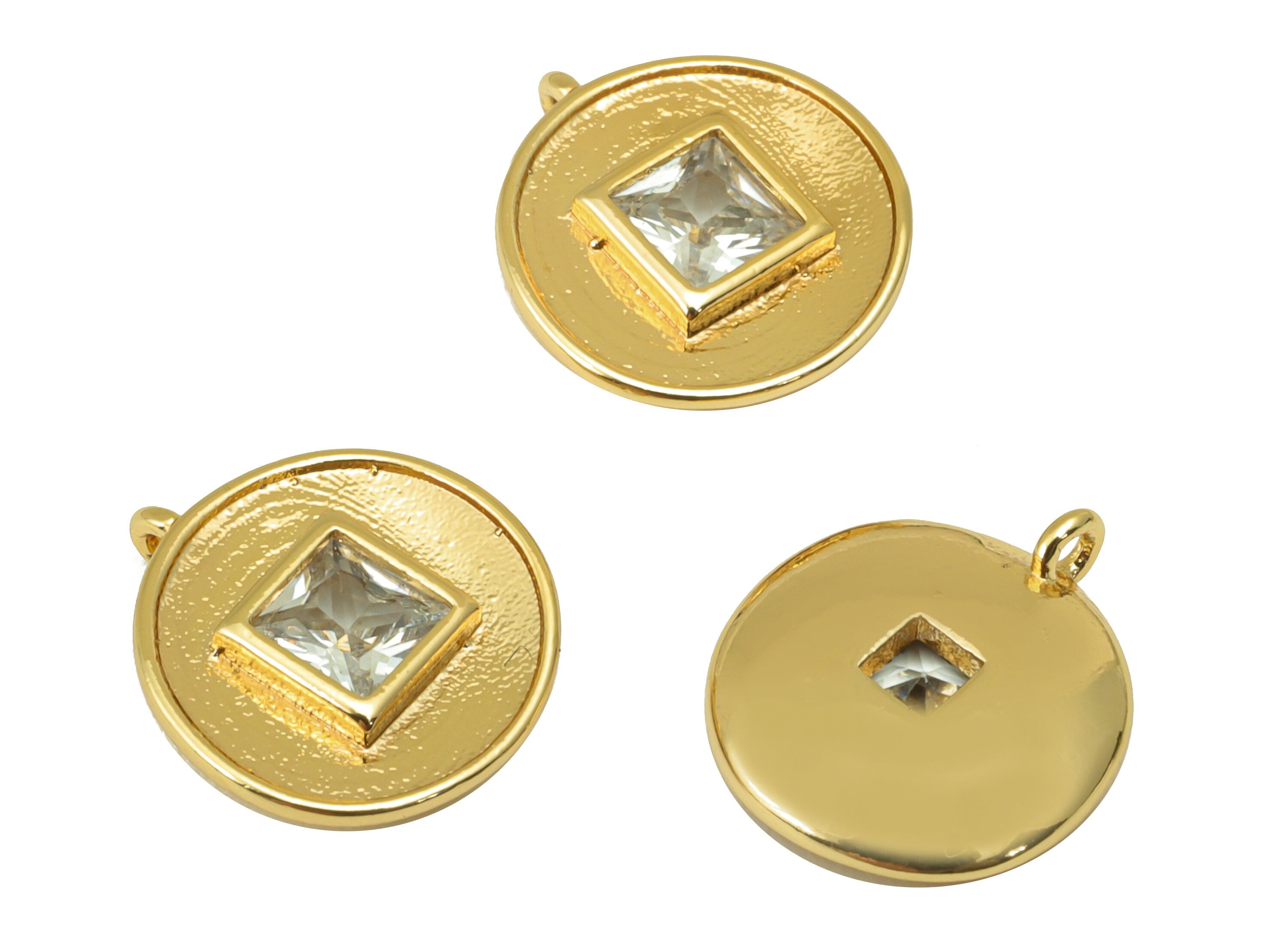 Brass Bent Round Earring - Textured Princess Charm - Cubic Zirconia Mini Pendant - For Necklace - 18k Real Gold Plated - 13x11x3mm- RGP6411 - DOMEDBAZAAR