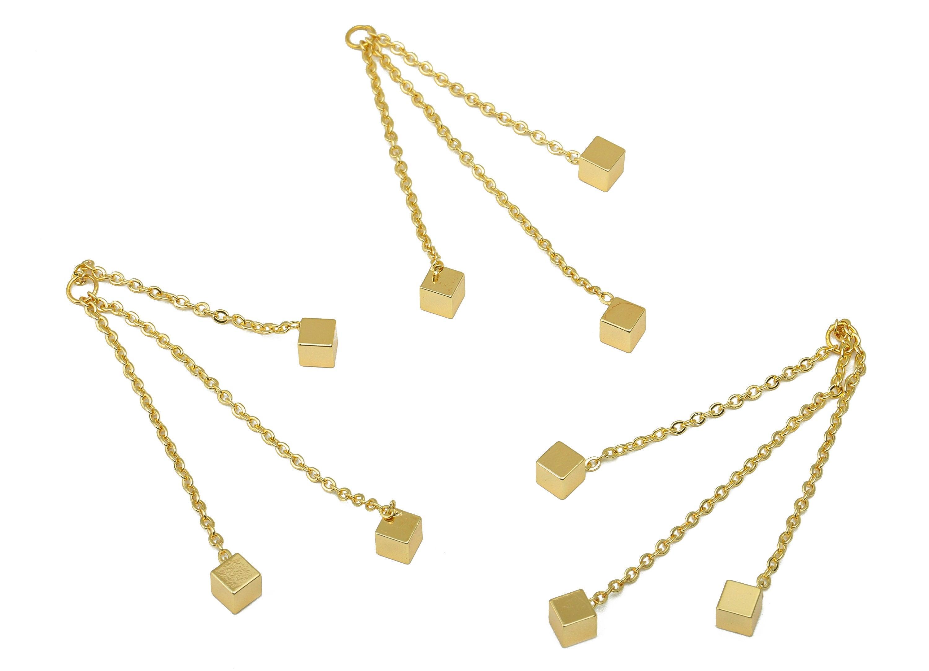 Brass Chain Tassel Charm - Gold Curb Chain Earring With Cube - Brass Tassel Earring Charm - 18k Real Gold Plated - 61x 4 x 0.95mm- RGP6425 - DOMEDBAZAAR