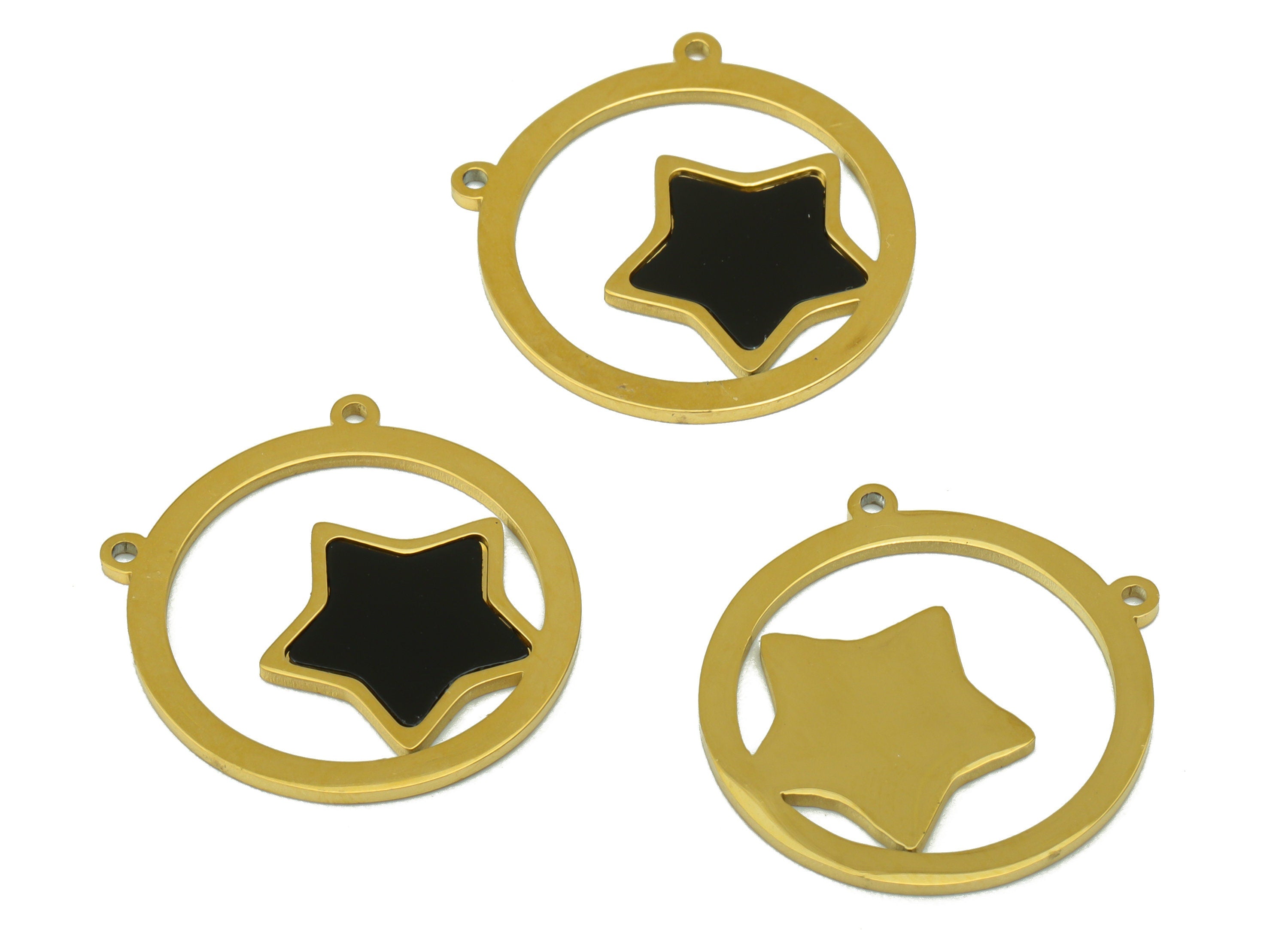 Stainless Steel Star Connector - Black Enamel Pendant - Stainless Steel- For Necklace - 18k Real Gold Plated - 18.02x17.92x 0.8mm- RGP6426 - DOMEDBAZAAR