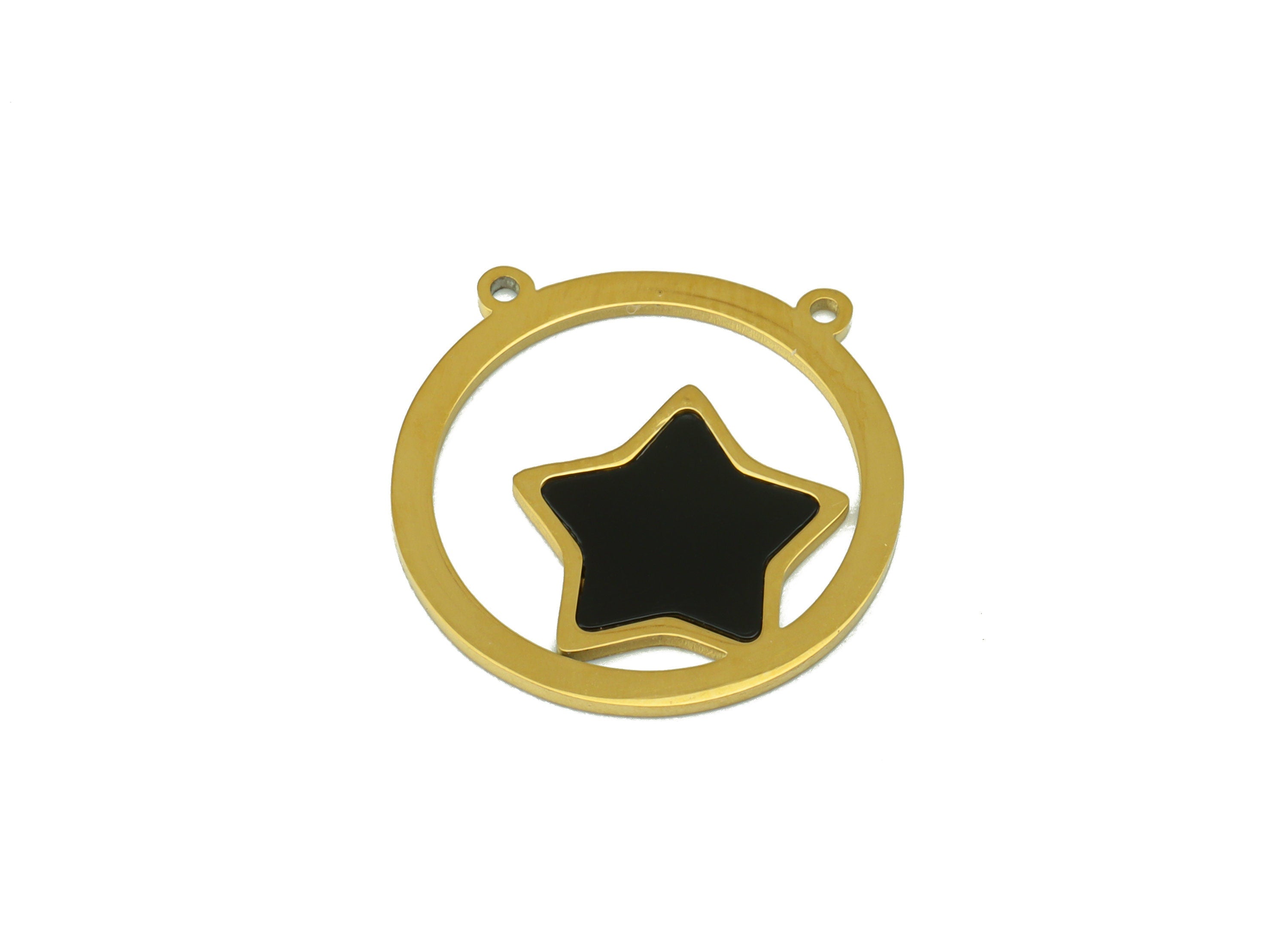 Stainless Steel Star Connector - Black Enamel Pendant - Stainless Steel- For Necklace - 18k Real Gold Plated - 18.02x17.92x 0.8mm- RGP6426 - DOMEDBAZAAR