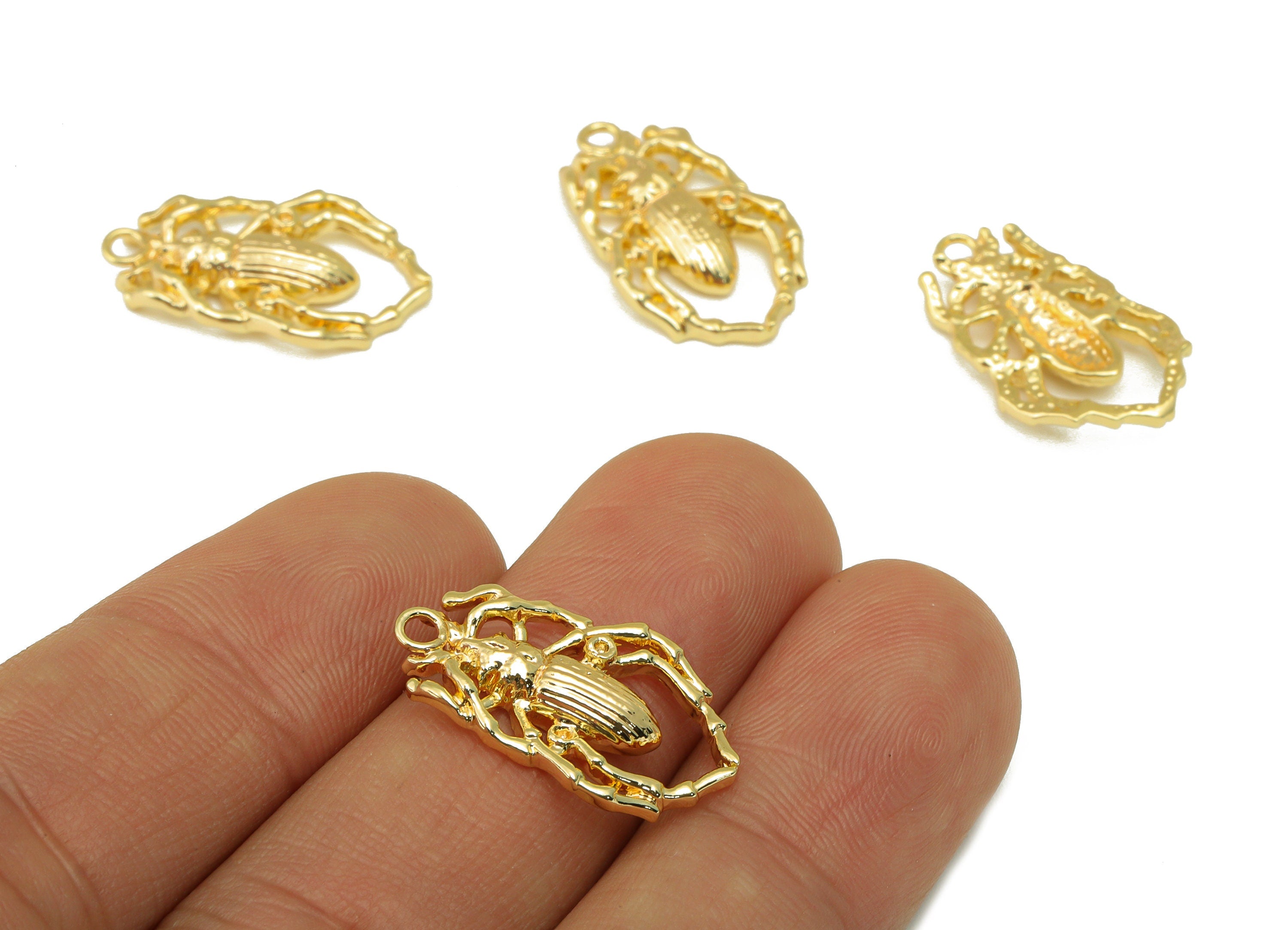 Brass Spider Earring Charm - Brass Insect Charm - Textured Animal Pendant - For Necklace - 18k Real Gold Plated - 22x 13.57x 3.06mm- RGP6449 - DOMEDBAZAAR