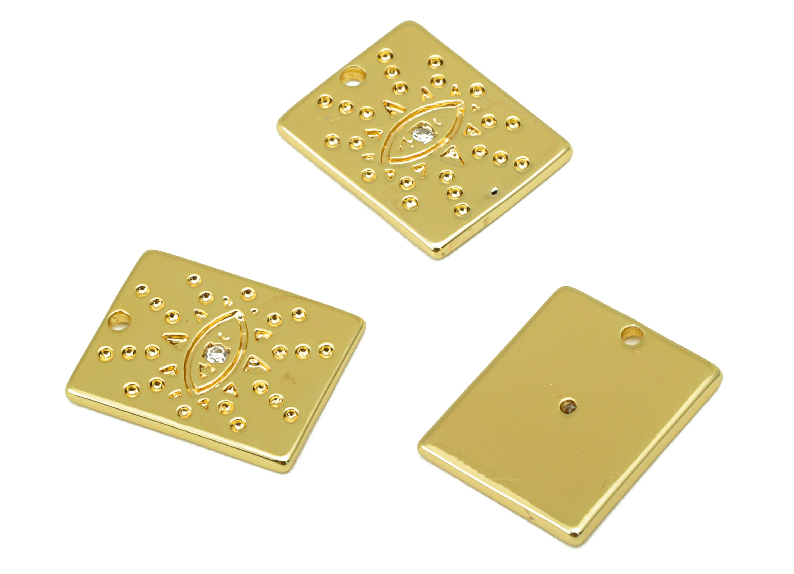 Brass Rectangle Earring - Brass Cubic Zirconia Eye Charm - CZ Dot Pendant - For Necklace -18k Real Gold Plated -12.5x10x 1.01mm - RGP6451 - DOMEDBAZAAR