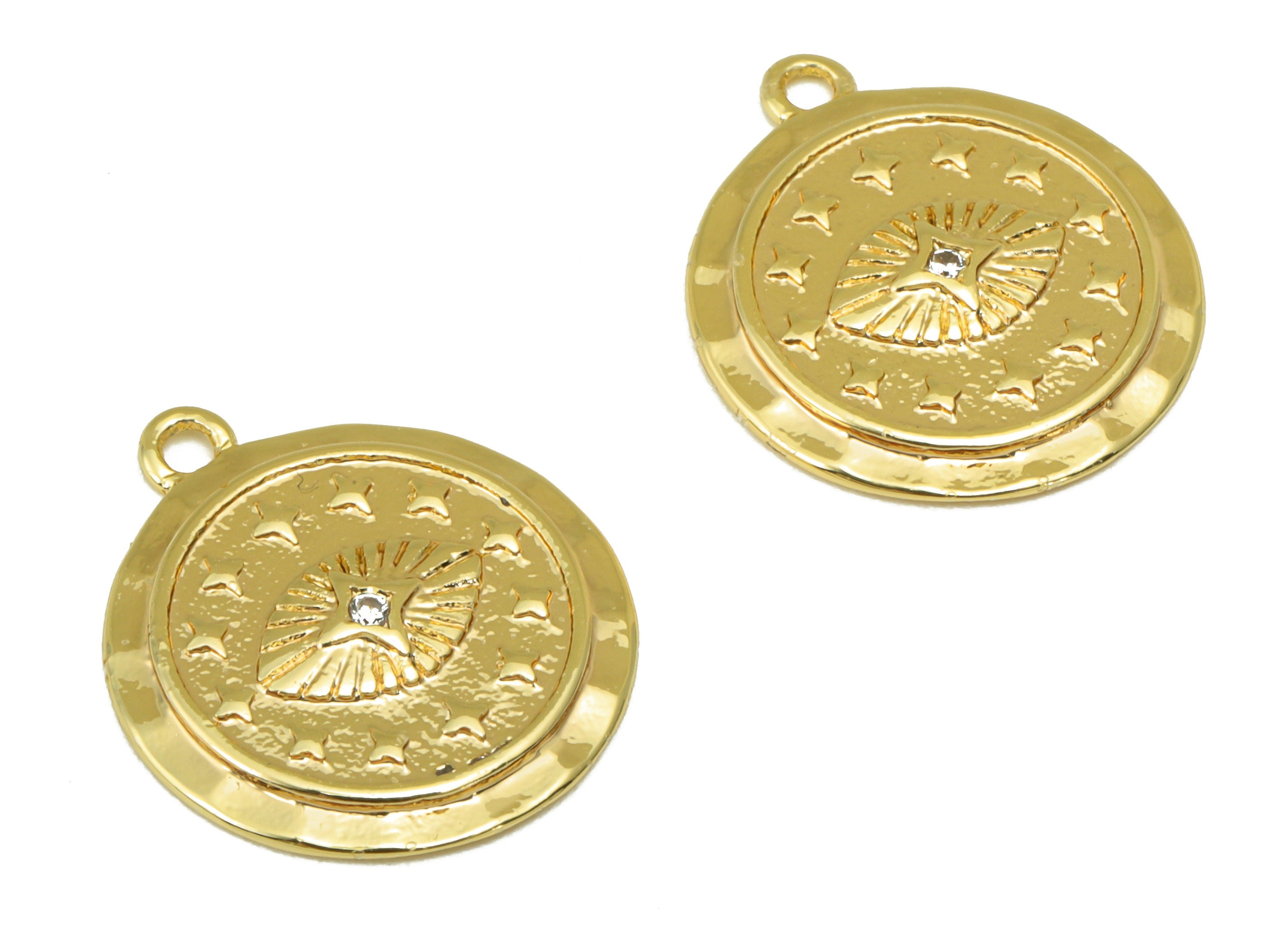 Brass Round Earring - Brass Cubic Zirconia Eye Charm - CZ Hammered Star Pendant - For Necklace -18k Real Gold Plated -20x17x2.15mm - RGP6452 - DOMEDBAZAAR