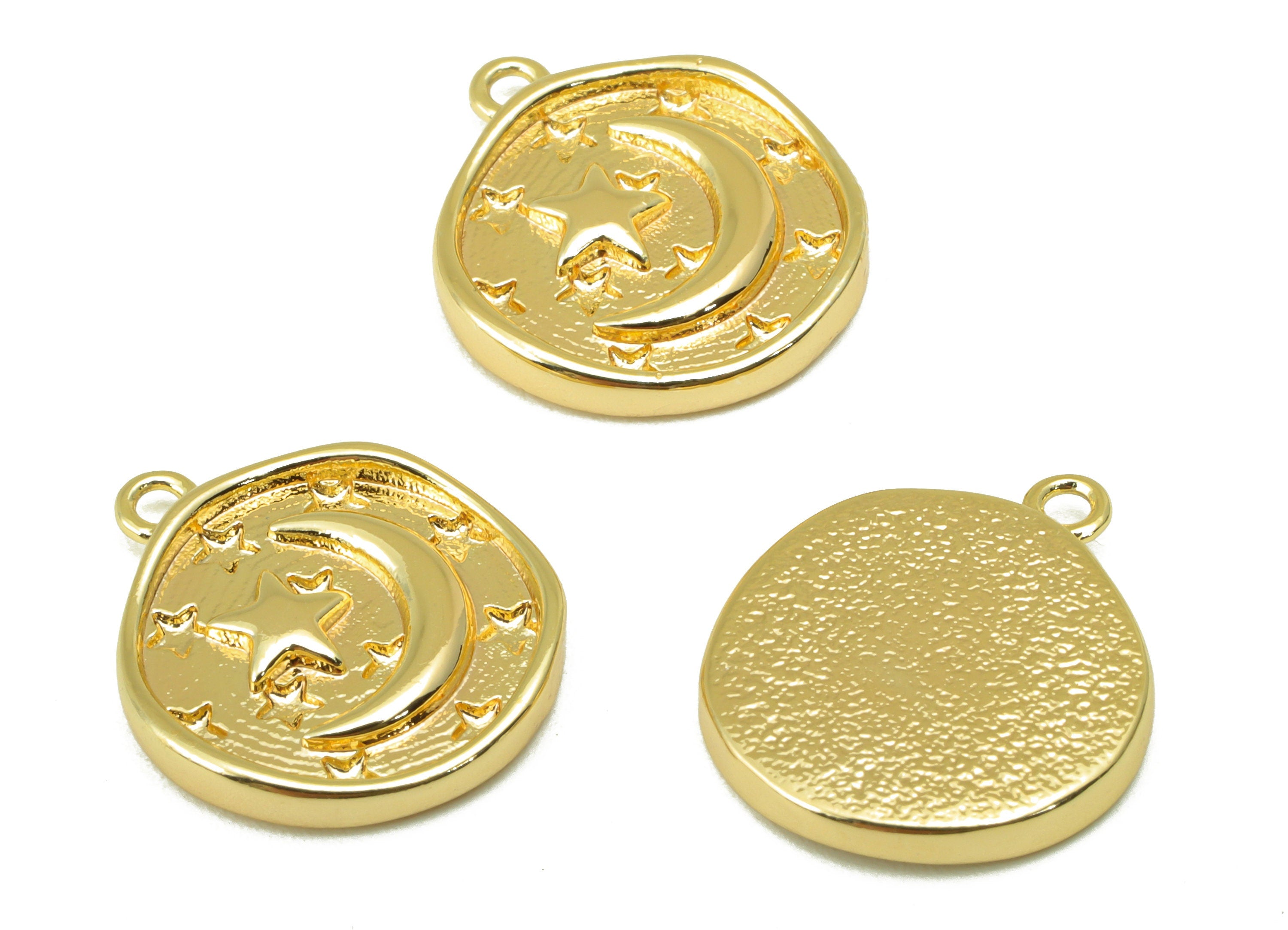 Brass Round Earring - Brass Crescent Charm - Brass Textured Star Pendant - For Necklace - 18k Real Gold Plated - 17x14mm x 2.5mm - RGP6454 - DOMEDBAZAAR