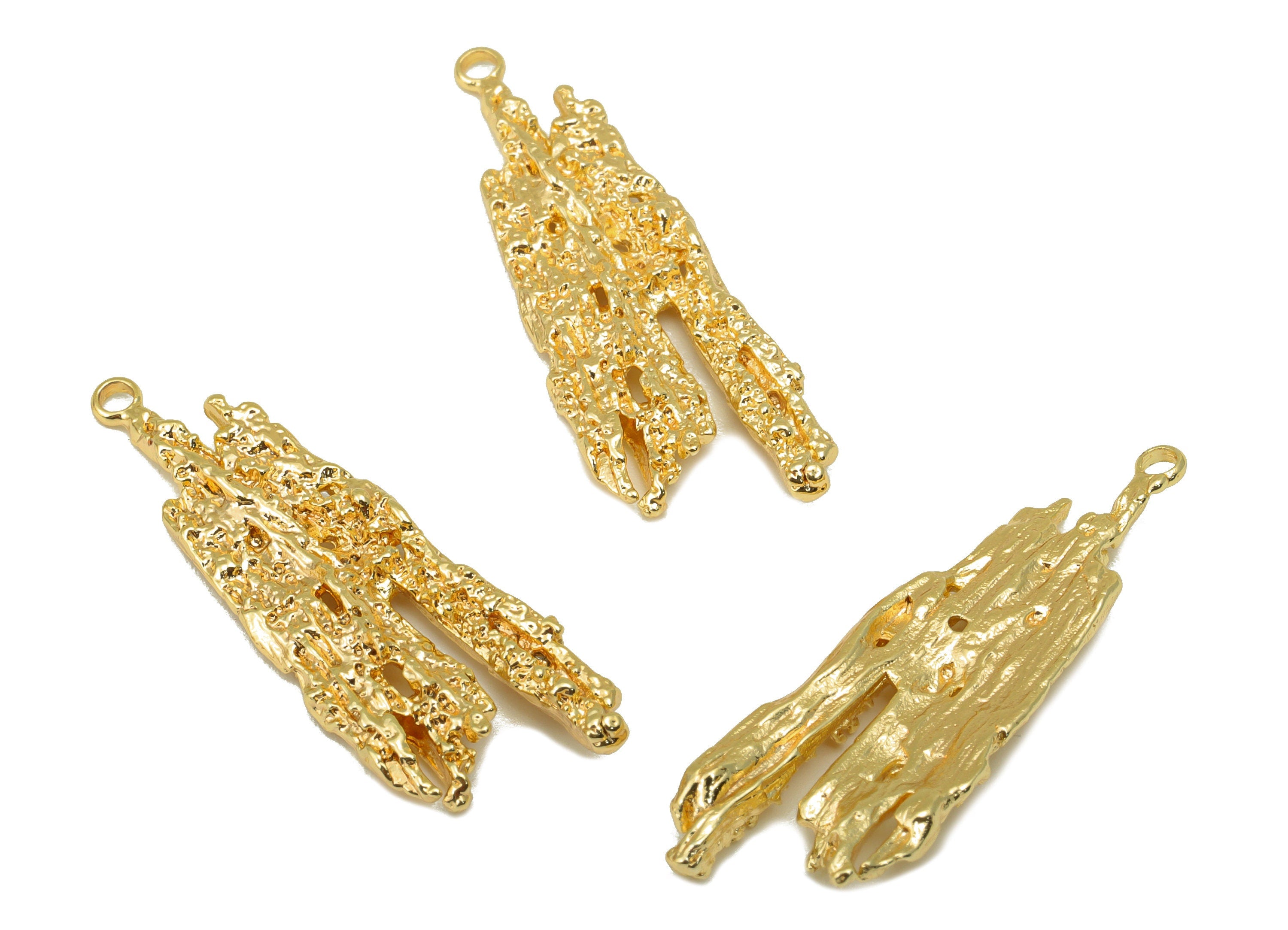 Brass Textured Earring - Brass Bark Charm - Brass Botanical Pendant - For Necklace - 18k Real Gold Plated - 35.95 x 12.3 x 3.53mm - RGP6455 - DOMEDBAZAAR
