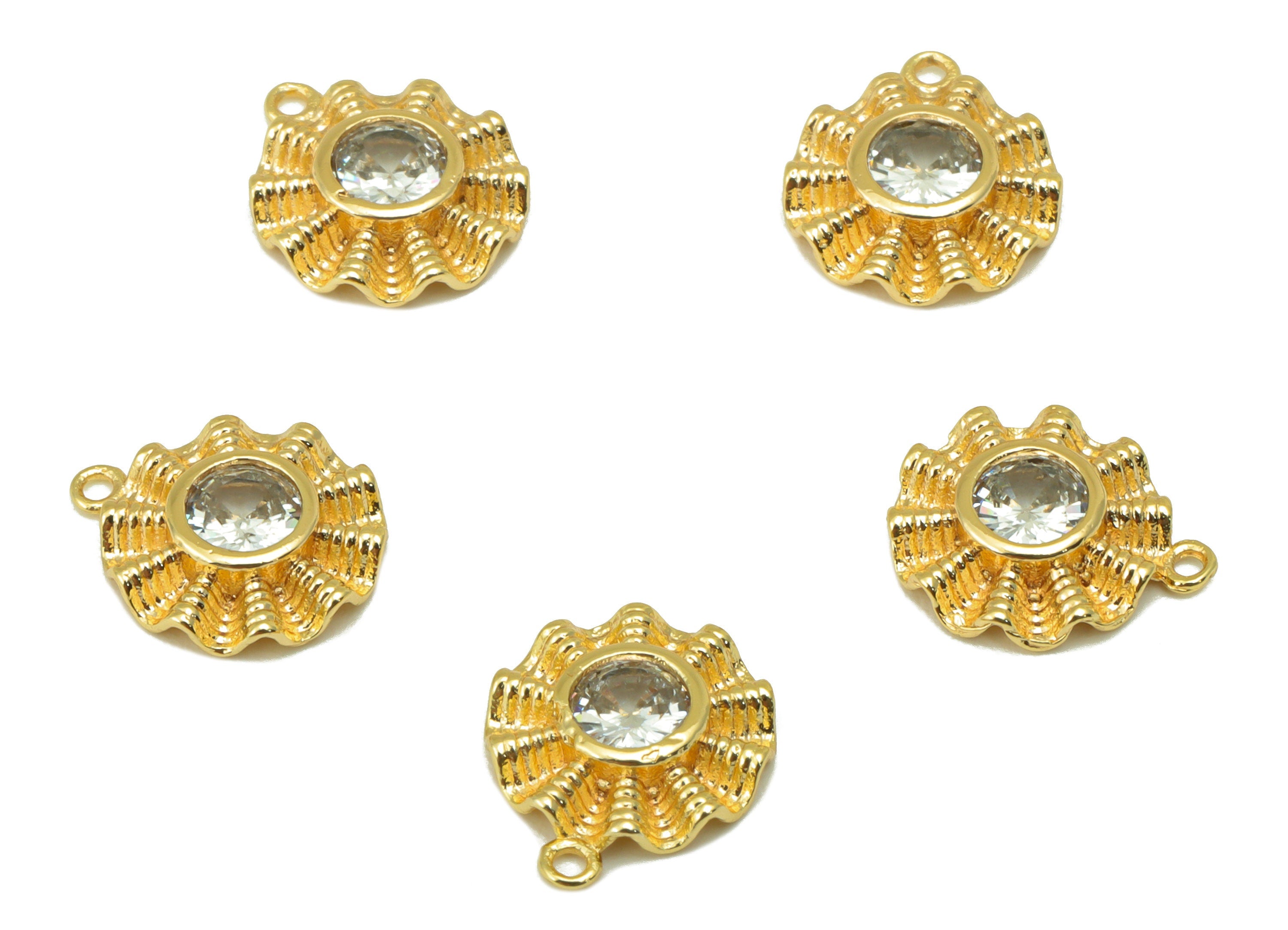 Brass Round Earring - Brass Cubic Zirconia Flower Charm - CZ Textured Mini Pendant - For Necklace -18k Real Gold Plated -12x10x3mm - RGP6457 - DOMEDBAZAAR