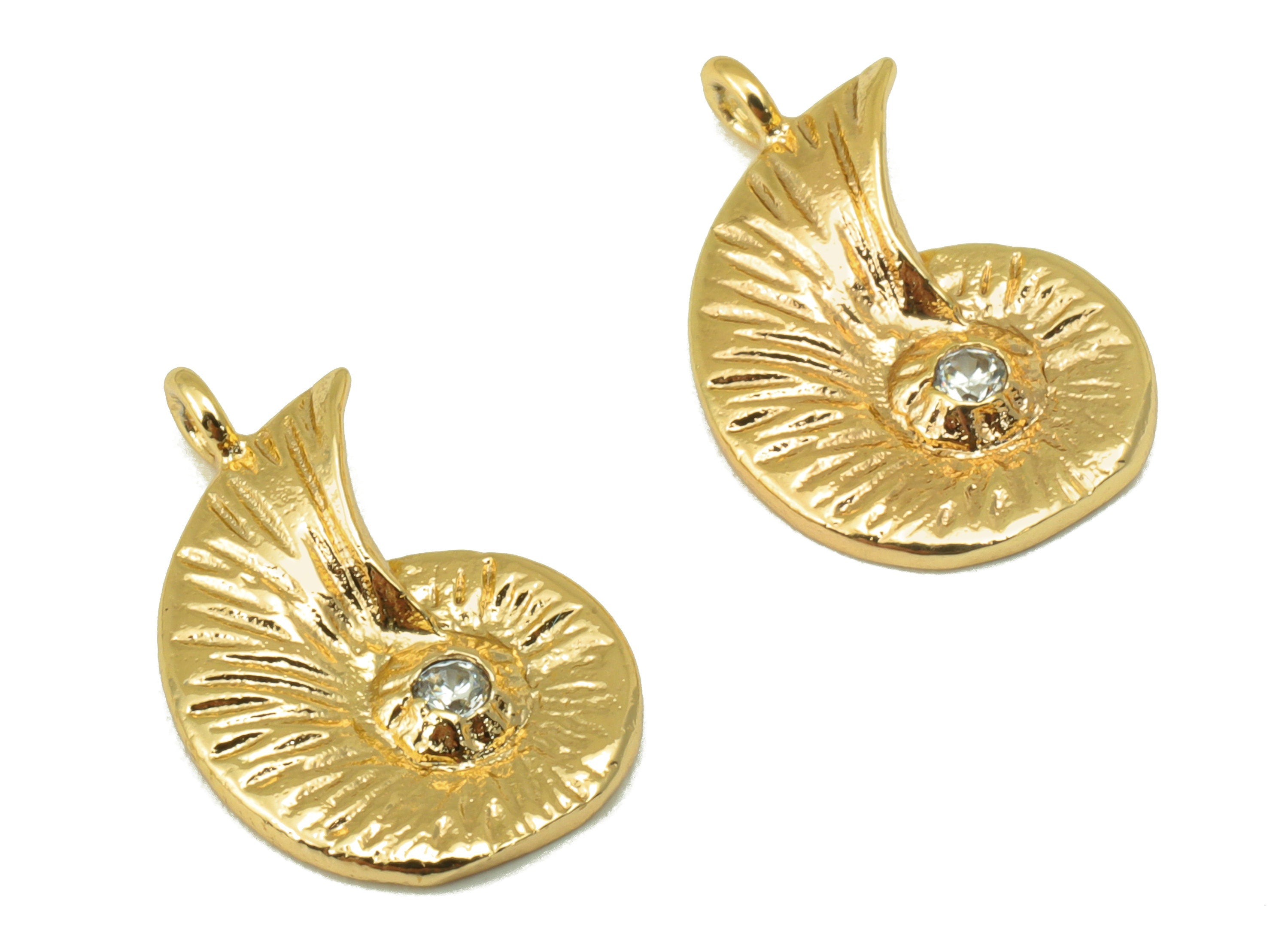 Brass Cochlea Earring - Brass Cubic Zirconia Charm - CZ Textured Pendant - For Necklace -18k Real Gold Plated -17.16x10.85x 1.43mm - RGP6460 - DOMEDBAZAAR