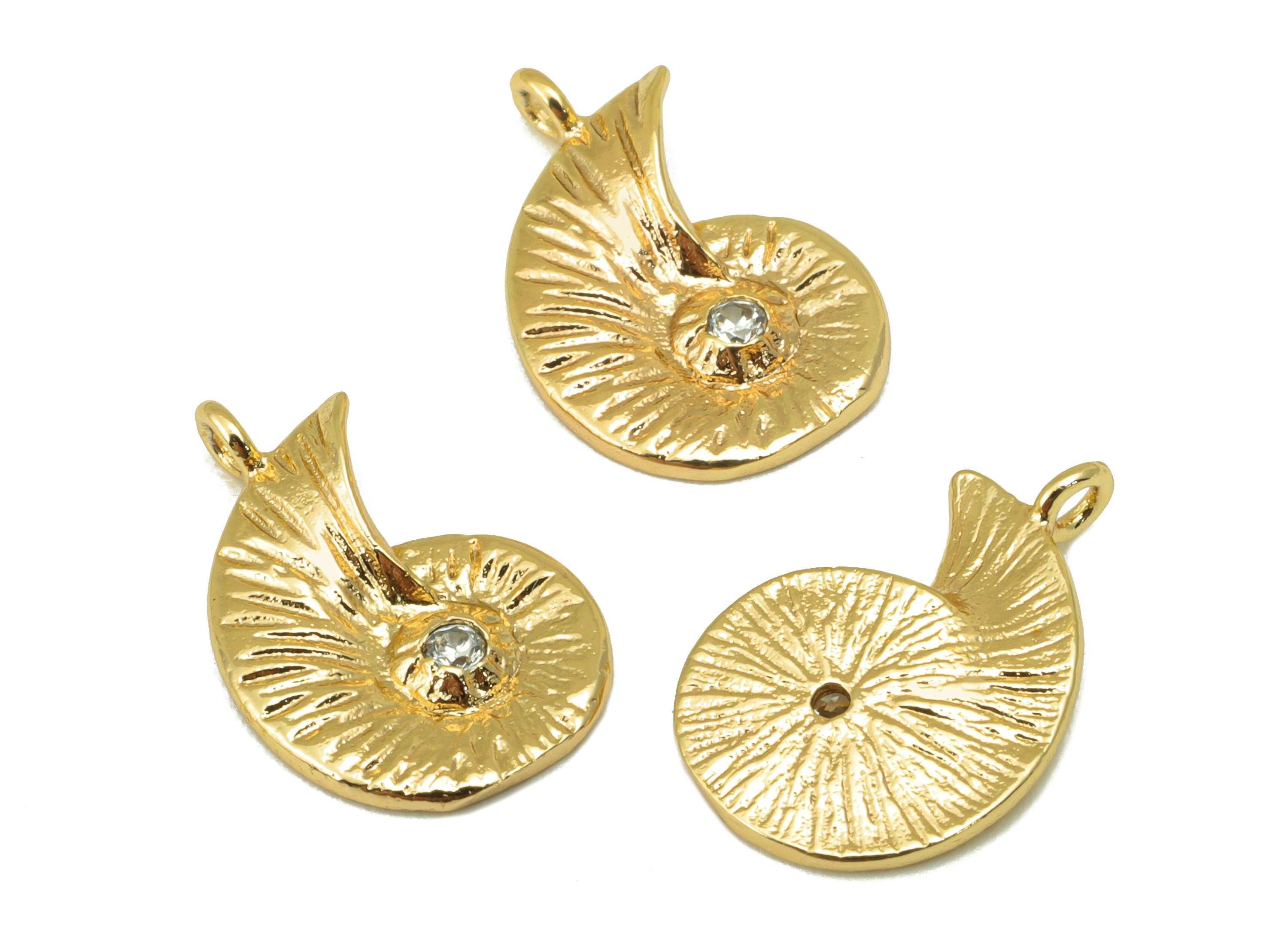 Brass Cochlea Earring - Brass Cubic Zirconia Charm - CZ Textured Pendant - For Necklace -18k Real Gold Plated -17.16x10.85x 1.43mm - RGP6460 - DOMEDBAZAAR