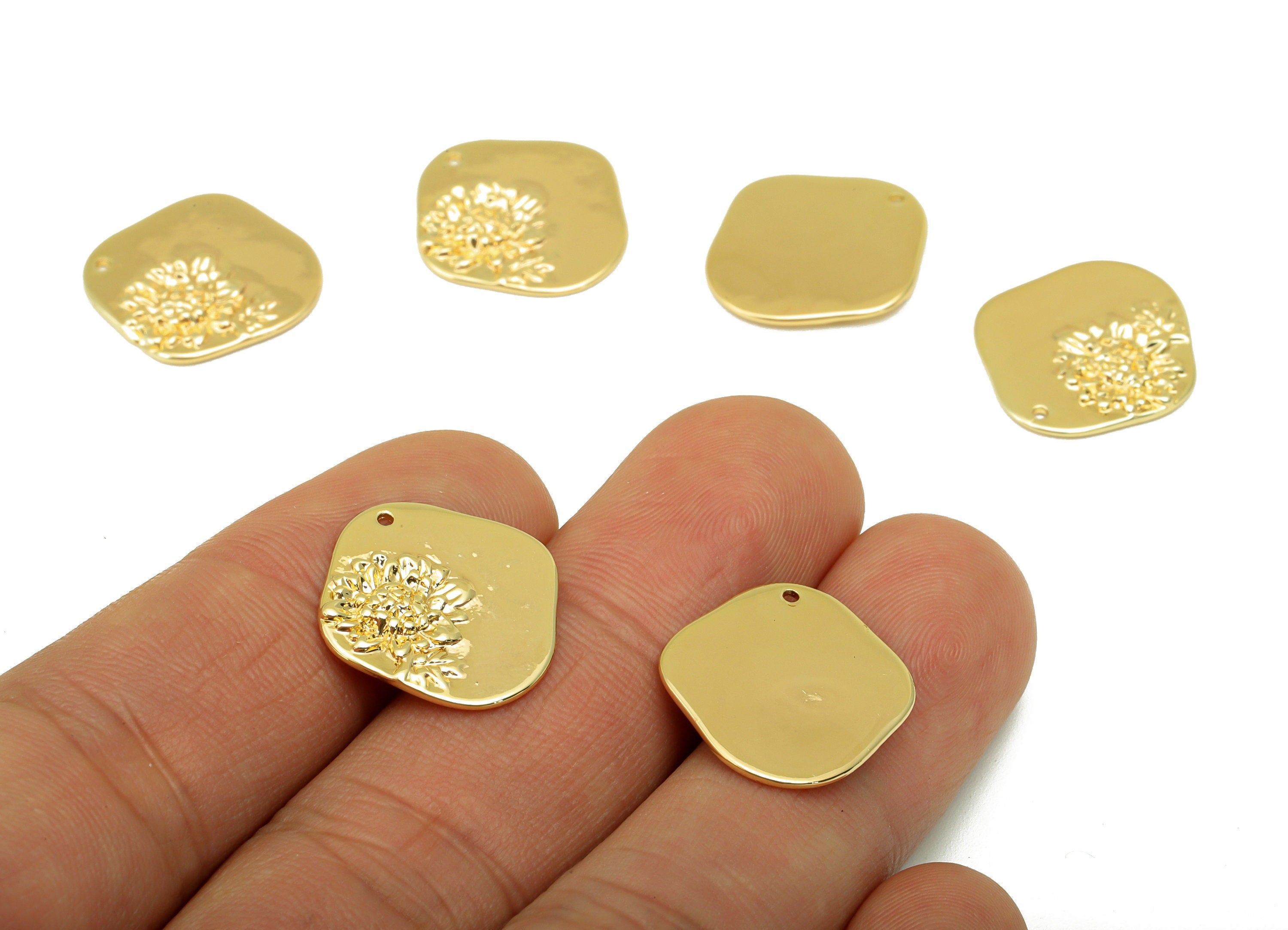 Brass Square Earring - Brass Aster Charm - Gold Flower Pendant -For Necklace - 18k Real Gold Plated -18.6x 17.83x 1.59mm- RGP6475 - DOMEDBAZAAR