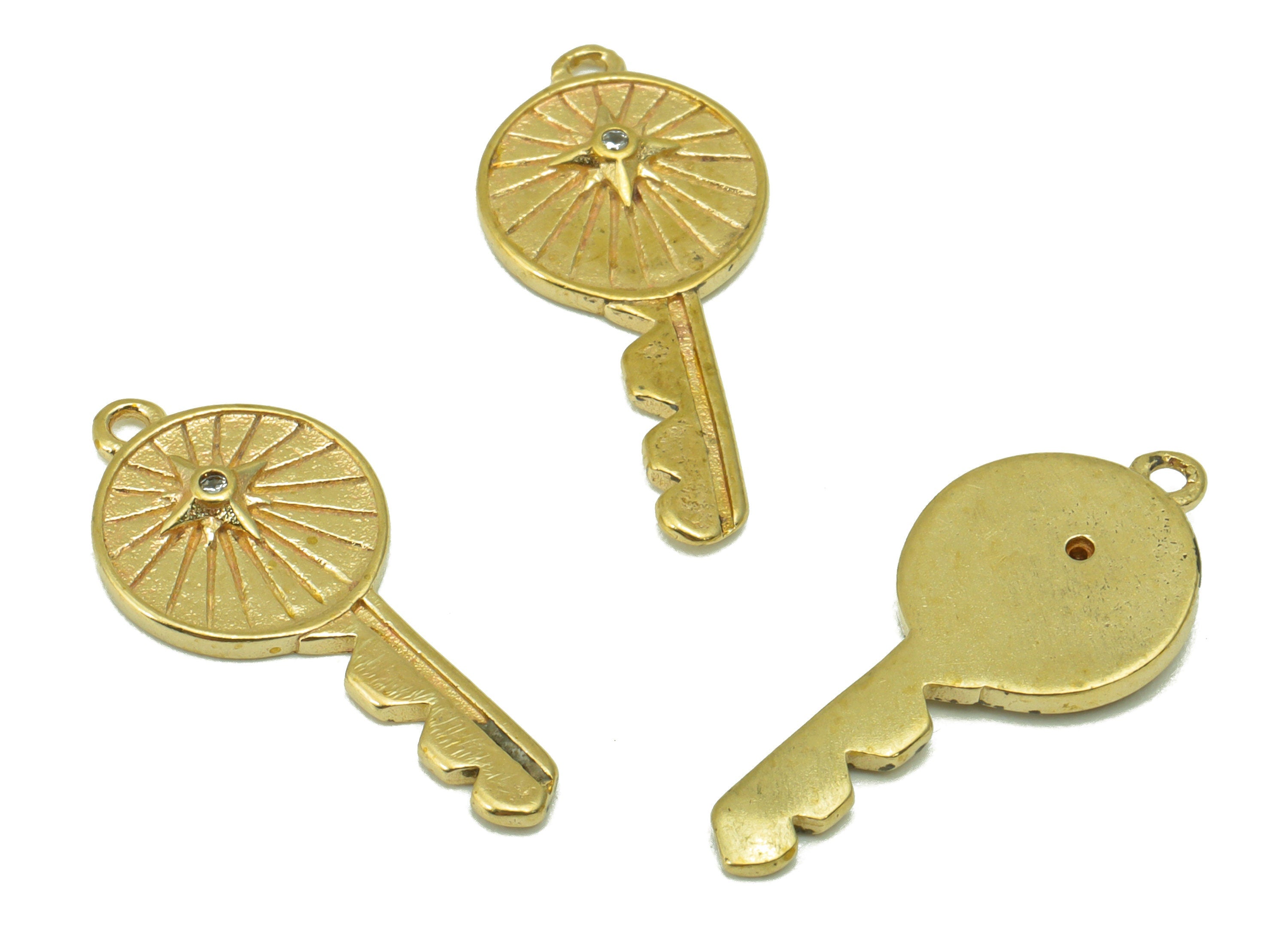 Brass Key Earring Charms - Raw Brass Key Pendant - CubicZircons - Jewelry Supplies  - 22x 10x 1.91mm - PP8438 - DOMEDBAZAAR