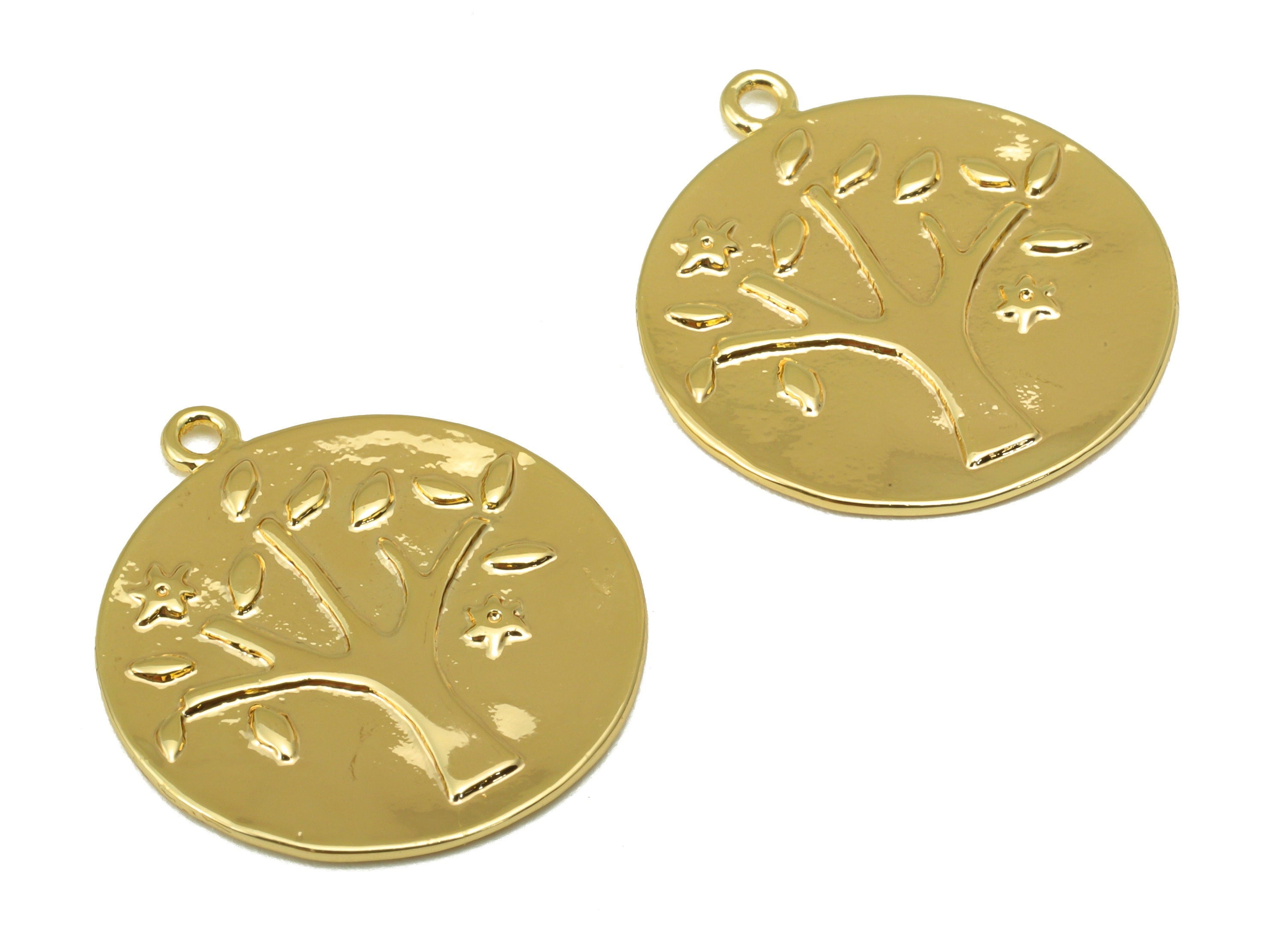 Brass Round Earring - Brass Tree Charm - Gold Star Leaf Pendant - For Necklace - 18k Real Gold Plated - 22.62 x 20.78 x 1.13mm - RGP6476 - DOMEDBAZAAR