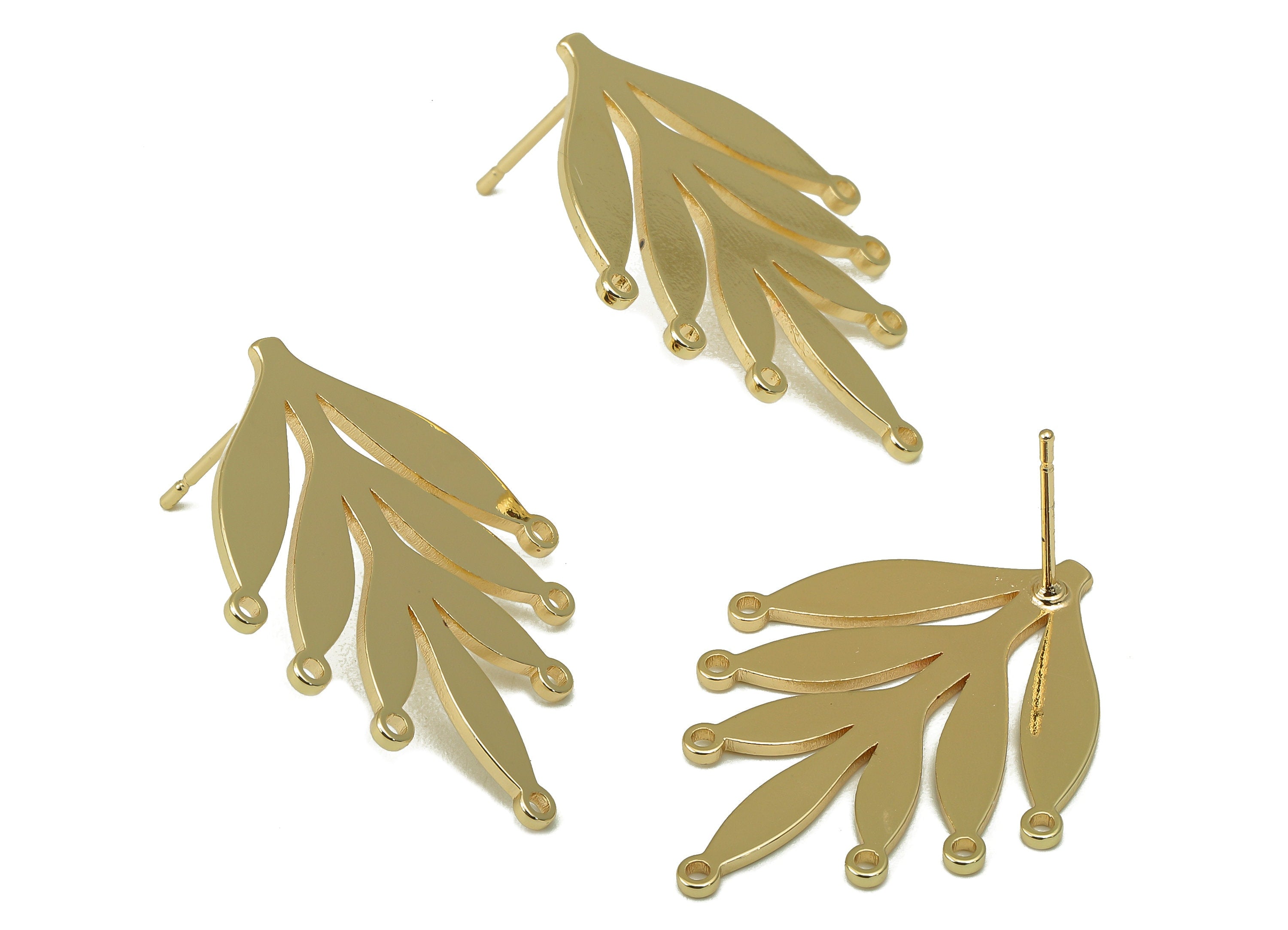 Brass Spruce Stud Earring - Brass Botanical Earring Post -leaf Earring Post with Holes - 18K Real Gold Plating - 30.57x23.4x1mm - RGP5910G - DOMEDBAZAAR