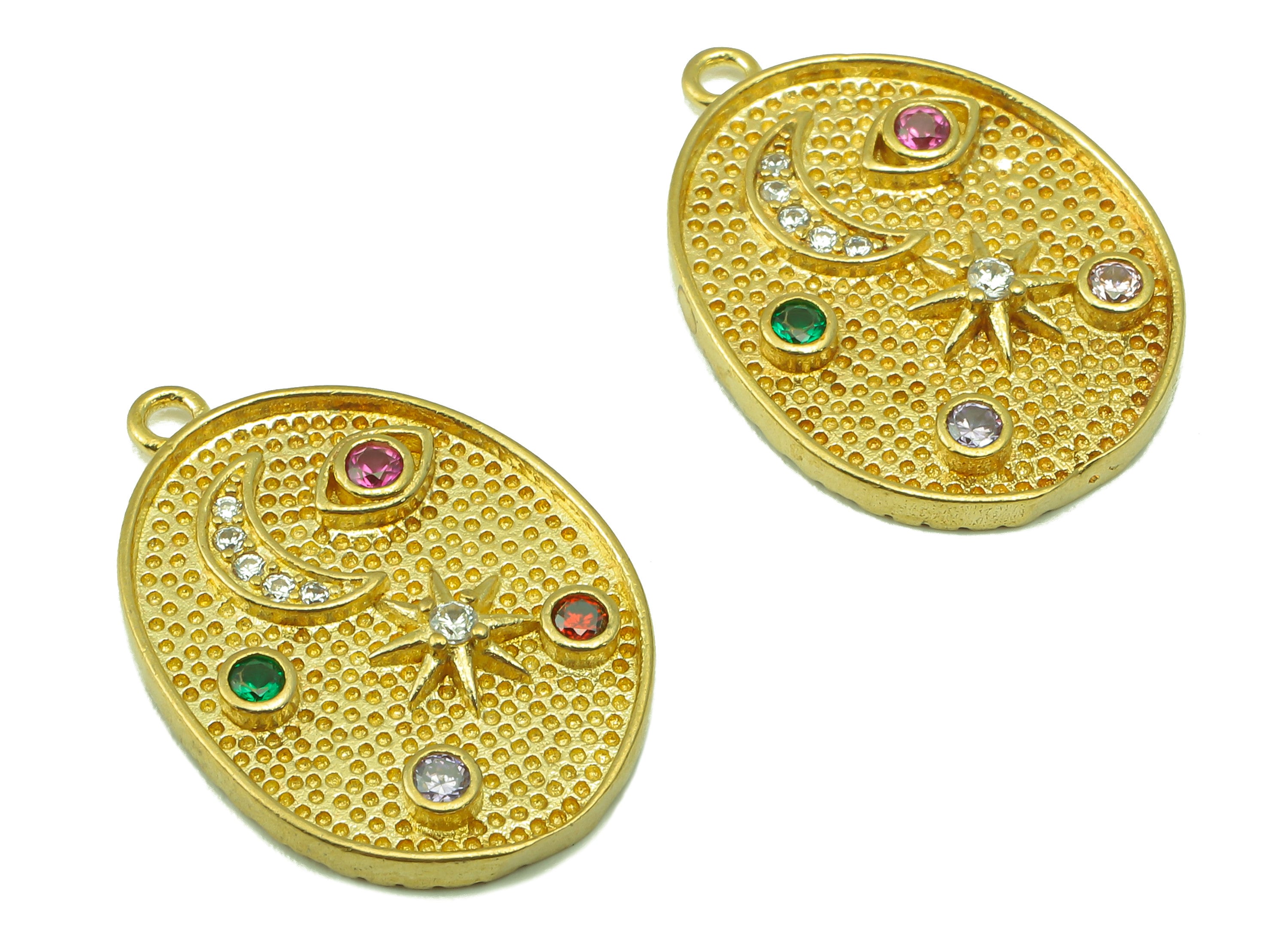 Brass Round Earring Charms - Raw Brass Cubic Zirconia Crescent Pendant - CZ Sunshine Moon - For Necklace - 23.72 x 16.87 x 2.3mm - PP7637 - DOMEDBAZAAR