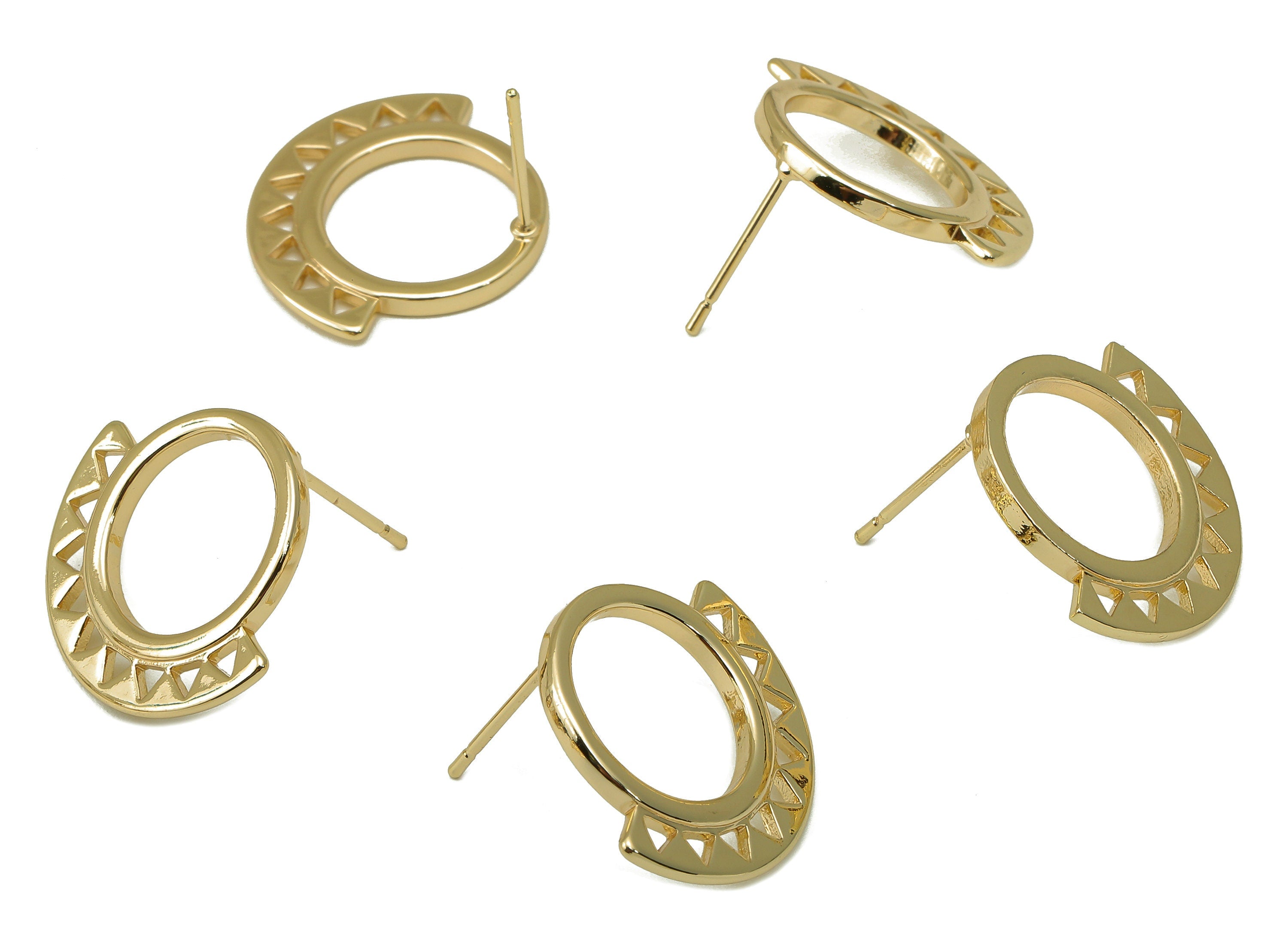 Brass Round Stud Earring - Semicircle Earring Post - Arch Bridge Hollow Triangle Post - 18K Real Gold Plating - 21x 18x 1.77mm- RGP5911G - DOMEDBAZAAR