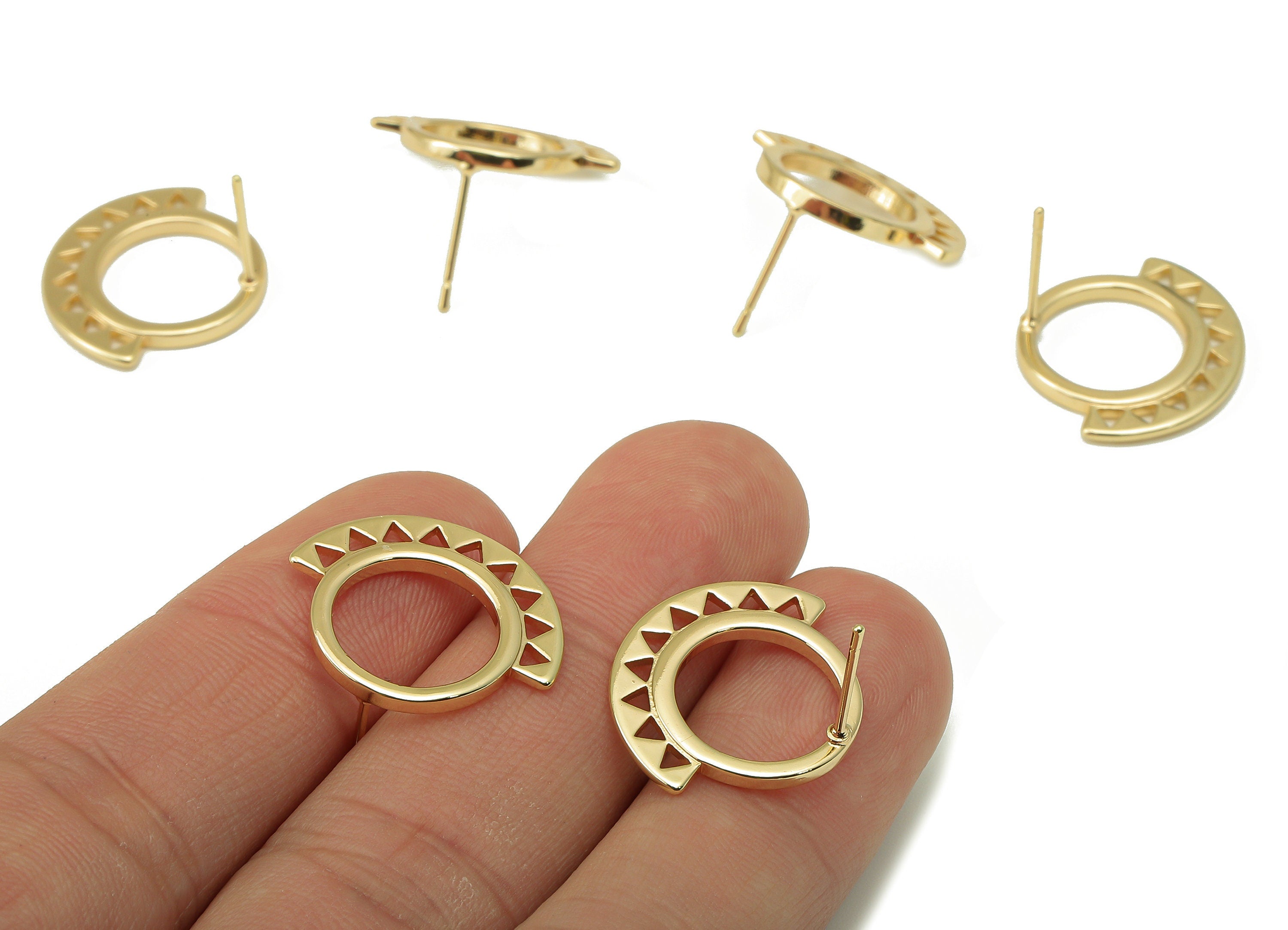 Brass Round Stud Earring - Semicircle Earring Post - Arch Bridge Hollow Triangle Post - 18K Real Gold Plating - 21x 18x 1.77mm- RGP5911G - DOMEDBAZAAR
