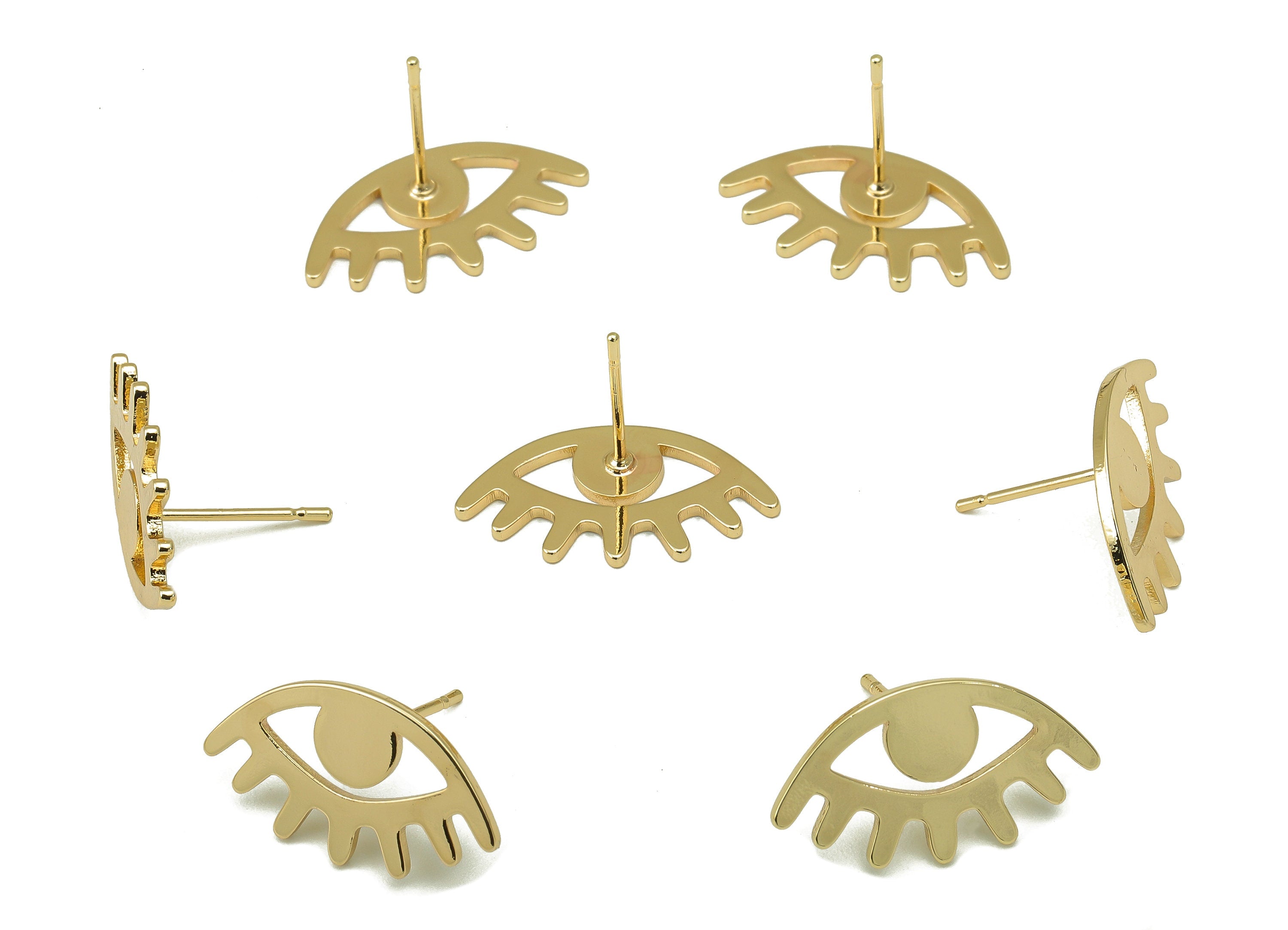 Brass Eyes Stud Earring - Eyelash Shaped Earring Stud- Sunflower Eyelash Post - 18K Real Gold Plating - 20x11x1mm- RGP5912G - DOMEDBAZAAR