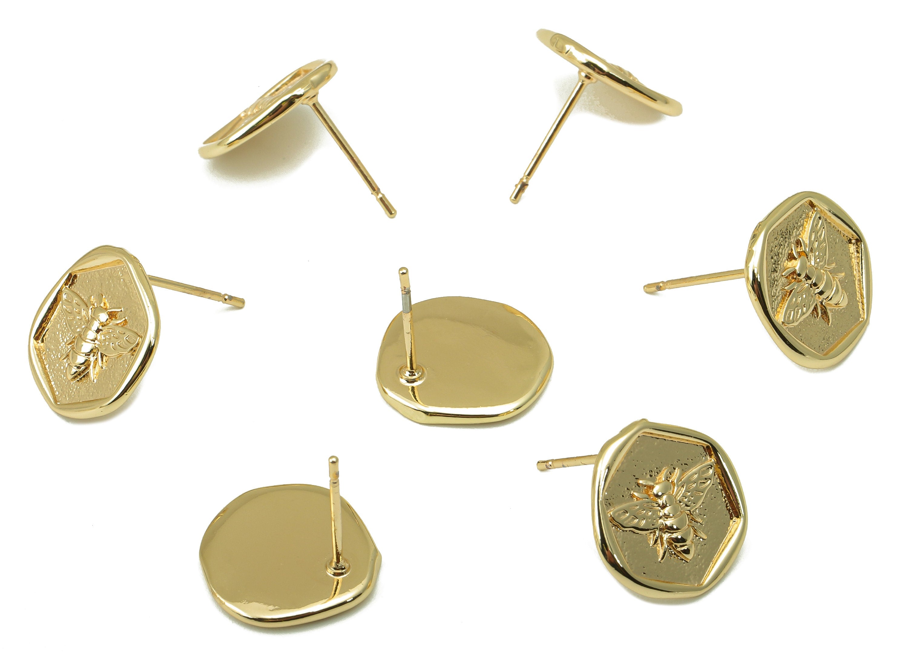 Brass Bee Stud Earring - Textured Circle post - Hexagon Earring Stud -18K Real Gold Plating - 13.5x13x1.39mm- RGP5913G - DOMEDBAZAAR