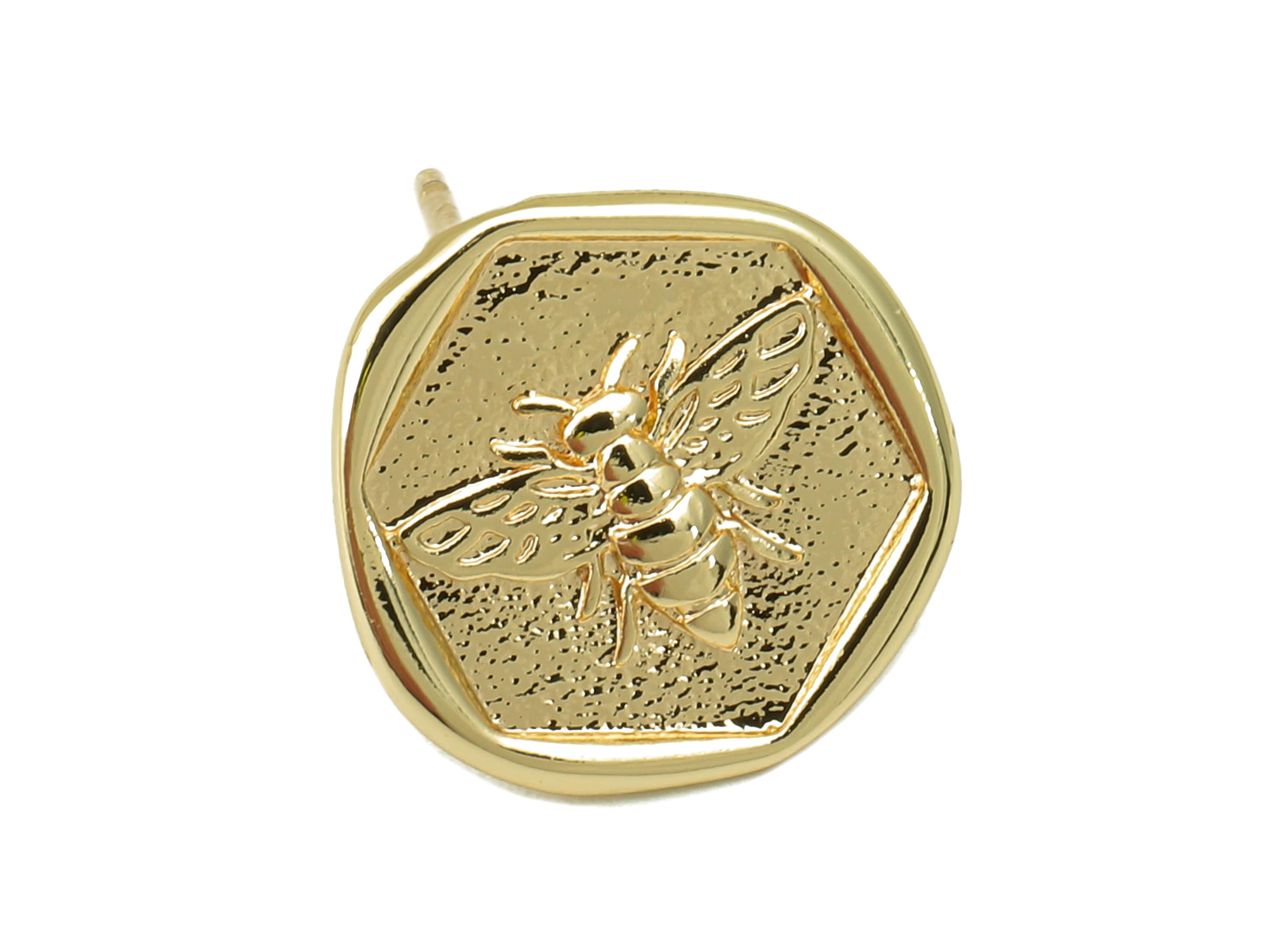 Brass Bee Stud Earring - Textured Circle post - Hexagon Earring Stud -18K Real Gold Plating - 13.5x13x1.39mm- RGP5913G - DOMEDBAZAAR