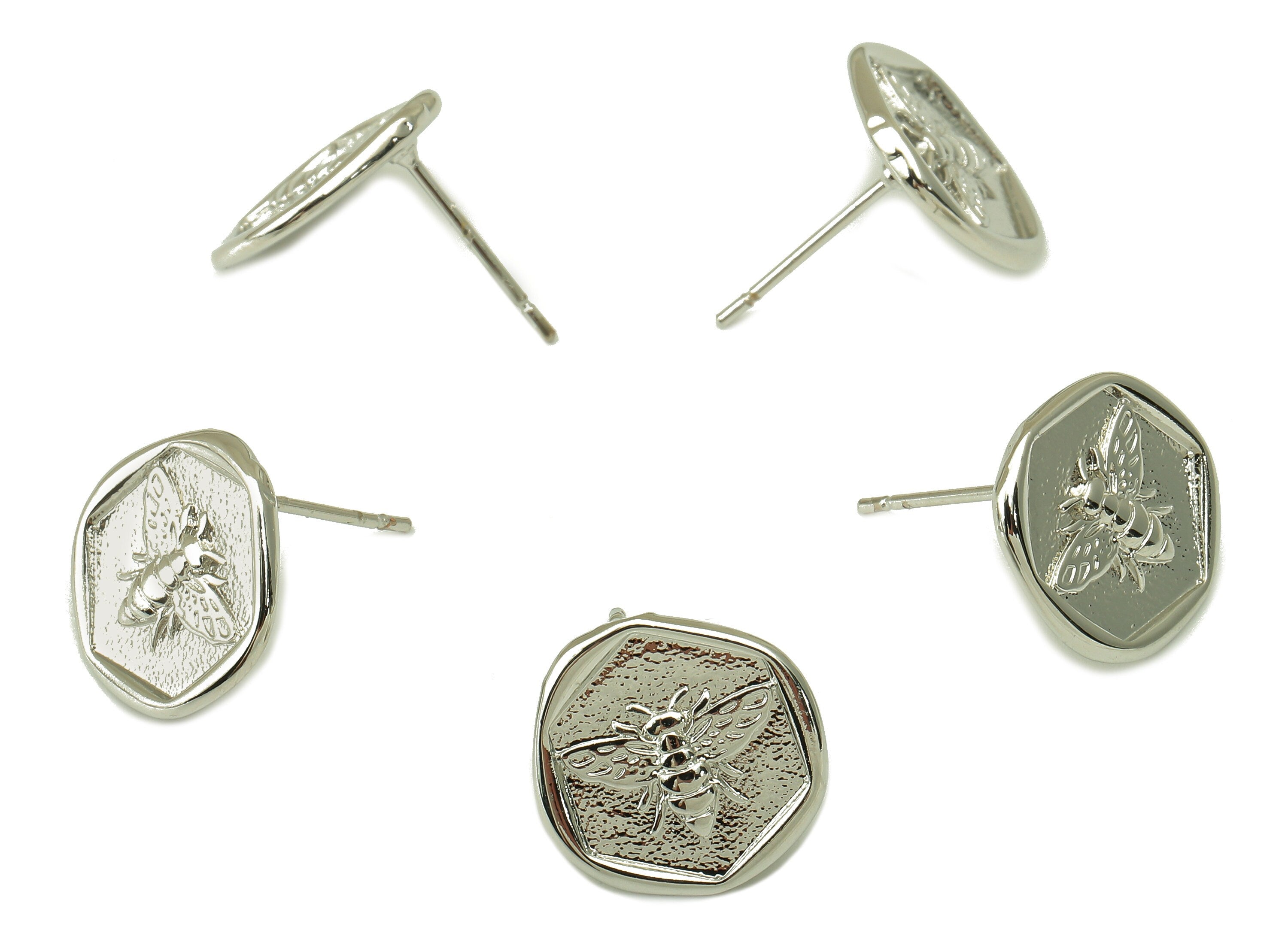Silver Bee Stud Earring - Textured Circle post - Hexagon Earring Stud -18K Real White Gold Plating - 13.5x13x1.39mm- RGP5913S - DOMEDBAZAAR
