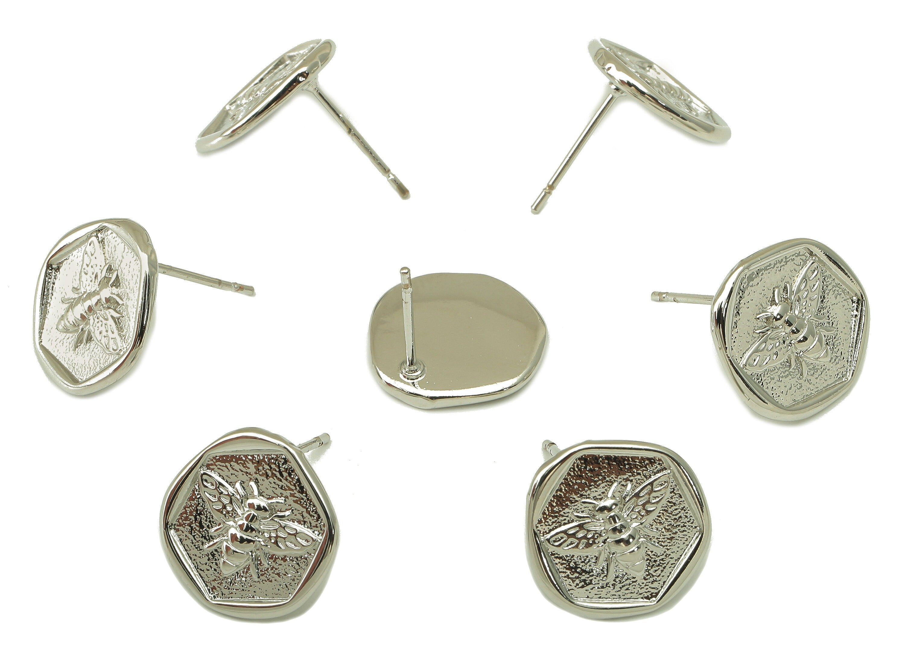 Silver Bee Stud Earring - Textured Circle post - Hexagon Earring Stud -18K Real White Gold Plating - 13.5x13x1.39mm- RGP5913S - DOMEDBAZAAR