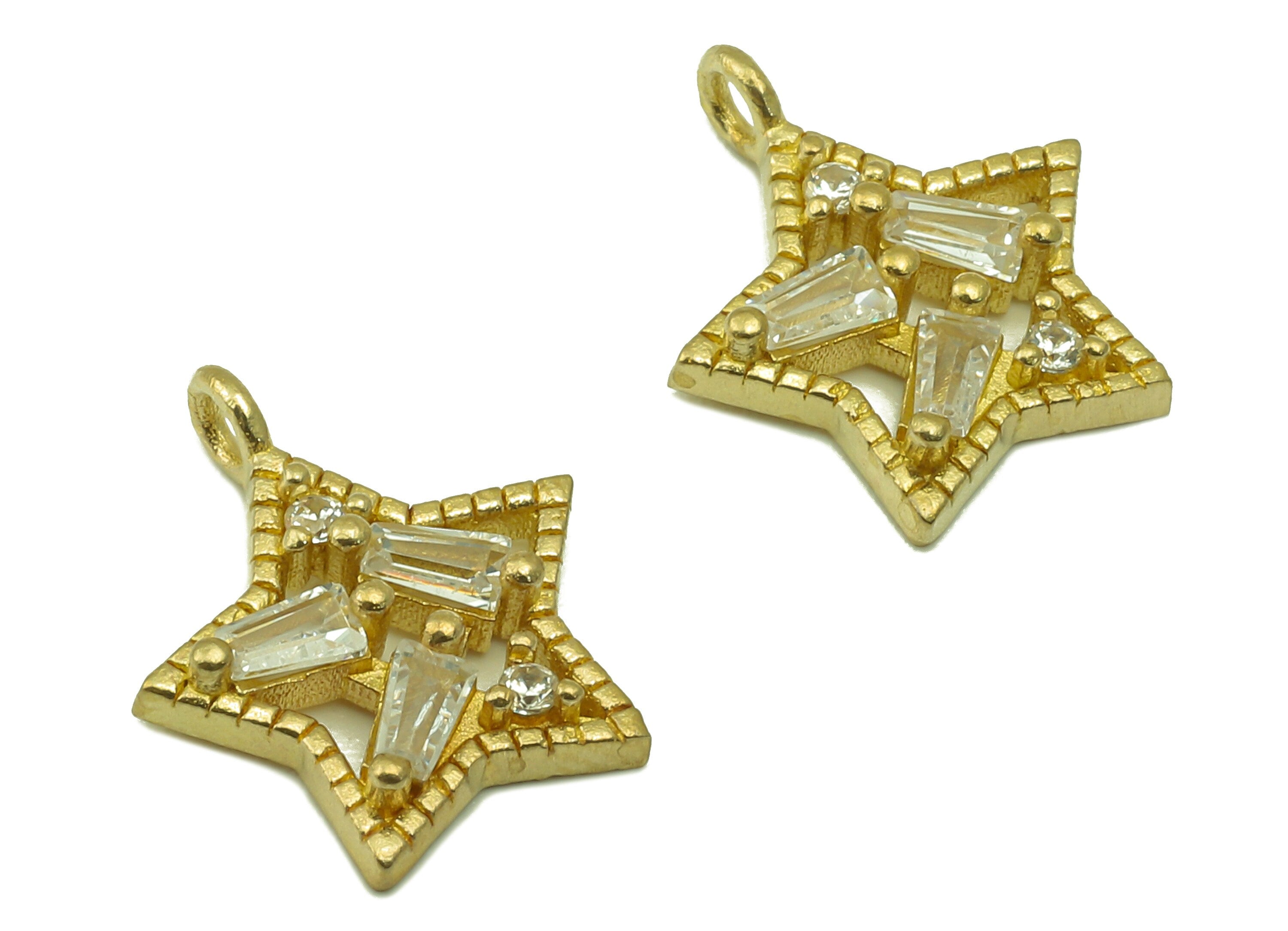 Brass Star Earring Charms - Raw Brass Cubic Zirconia Hollow Pendant - For Necklace - Jewelry Making - 14.67 x 12.6 x 2.87mm - PP8581 - DOMEDBAZAAR