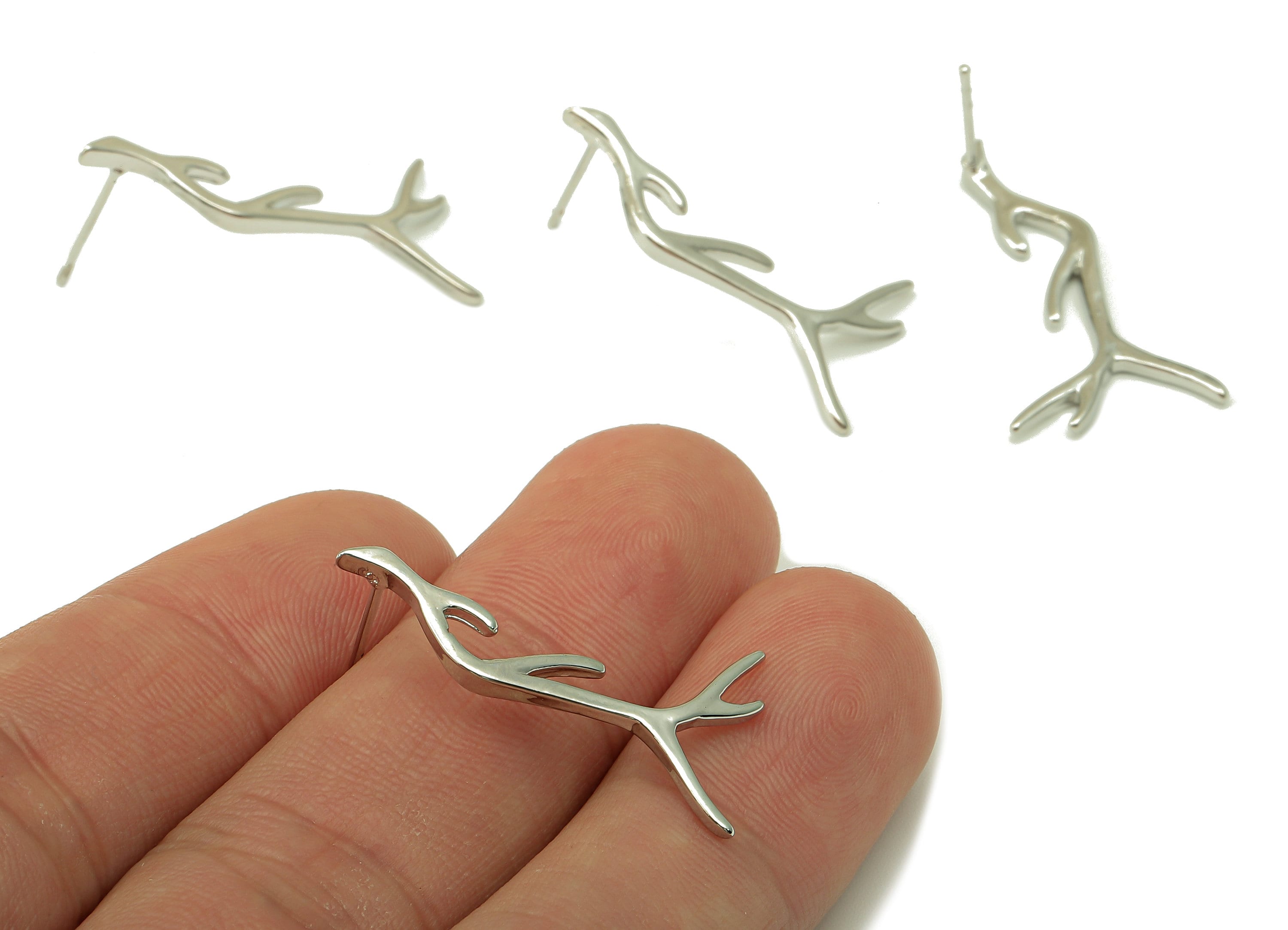 Silver Antler Stud Earring - Branch earring post - Dendritic Earring -18K Real White Gold-Plated Brass - 29.16x15.1x1.68mm RGP5914S - DOMEDBAZAAR