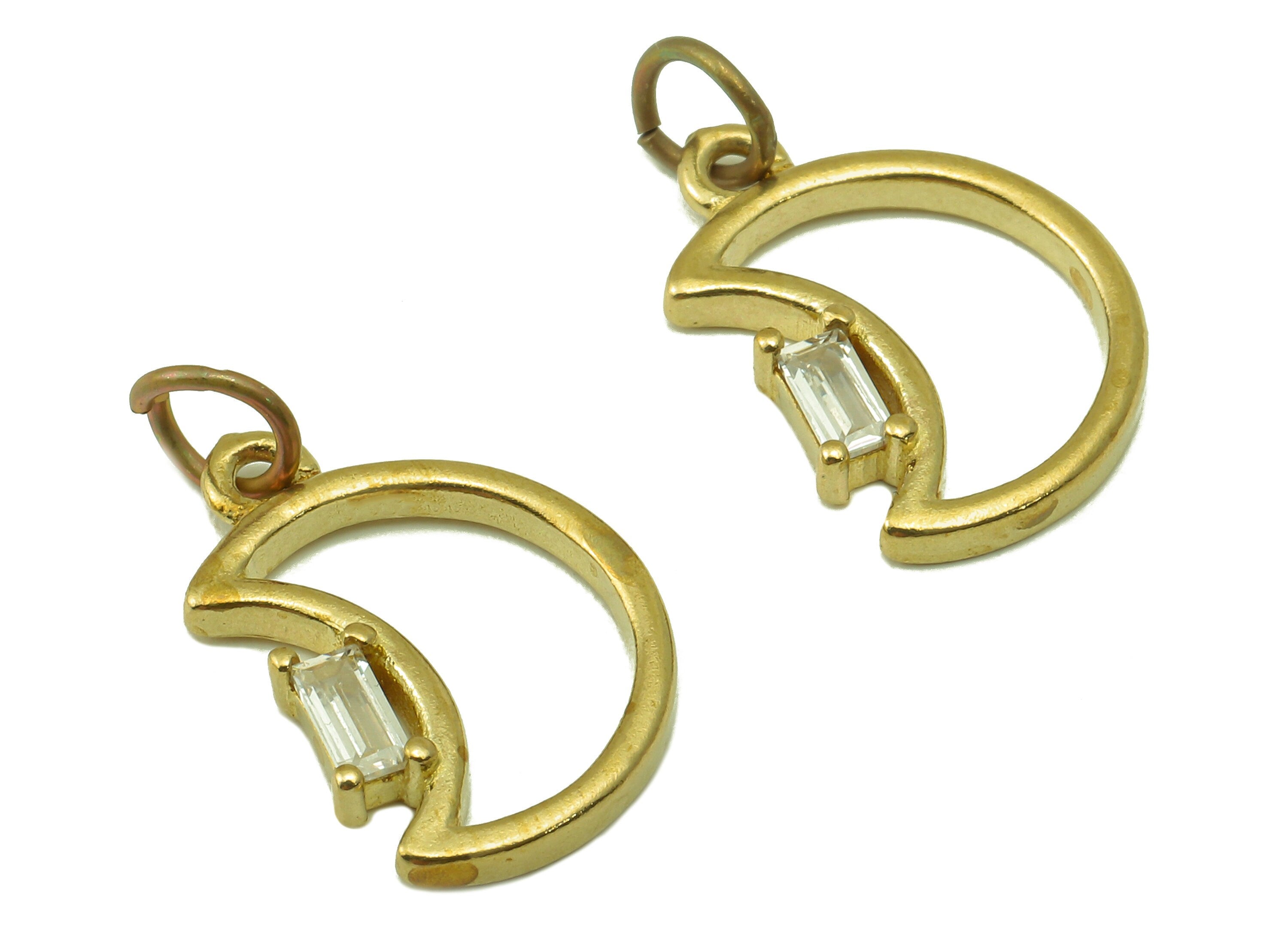 Brass Moon Earring Charms - Raw Brass Crescent Cubic Zirconia With Hoop - CZ Crescent Hollow Pendant - Jewelry Making - 16x12x2.5mm- PP8584 - DOMEDBAZAAR