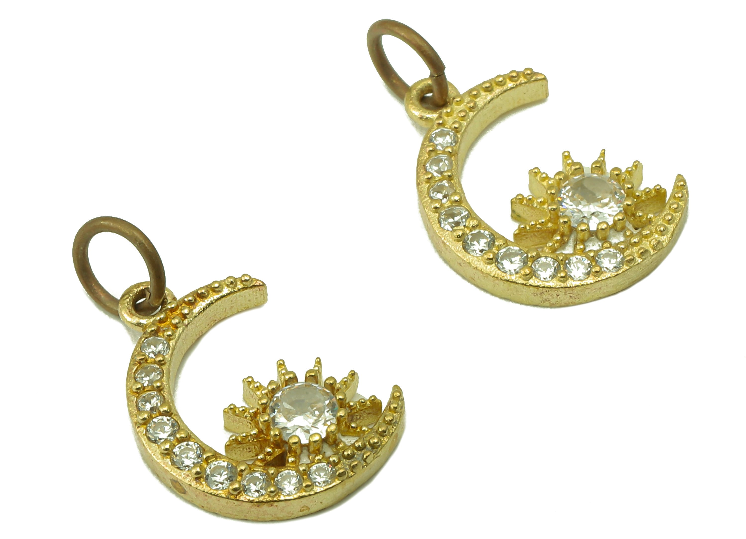 Brass Moon Earring Charms - Raw Brass Crescent Sun Cubic Zirconia With Hoop - Crescent Sun Pendant - Jewelry Making - 15.1x10x2.5mm- PP8588 - DOMEDBAZAAR