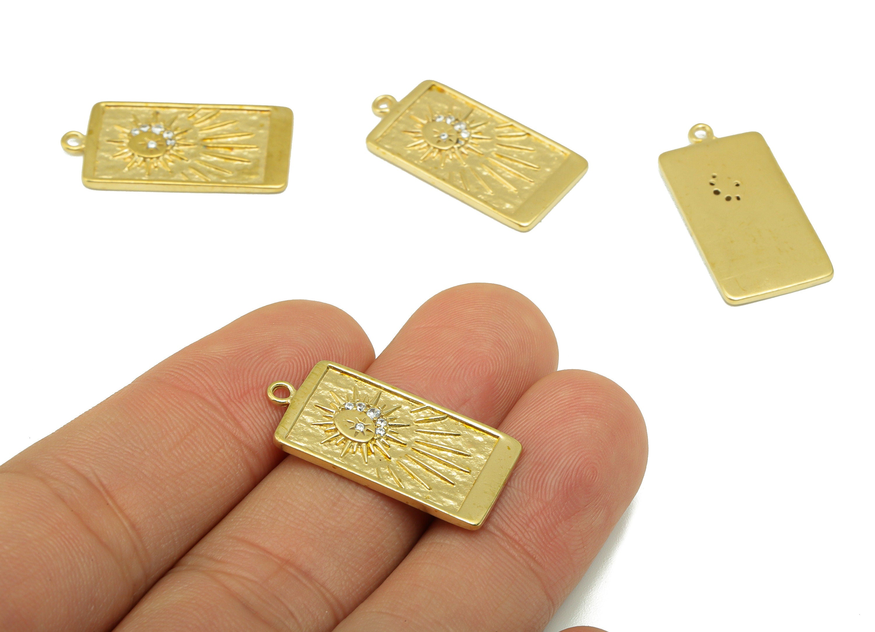 Brass Rectangle Earring Charm- Raw Brass Sunshine Pendant -Cubic Zircon-Earring Finding -Jewelry Supplies -27x 13mm x 1.33mm-PP8431 - DOMEDBAZAAR