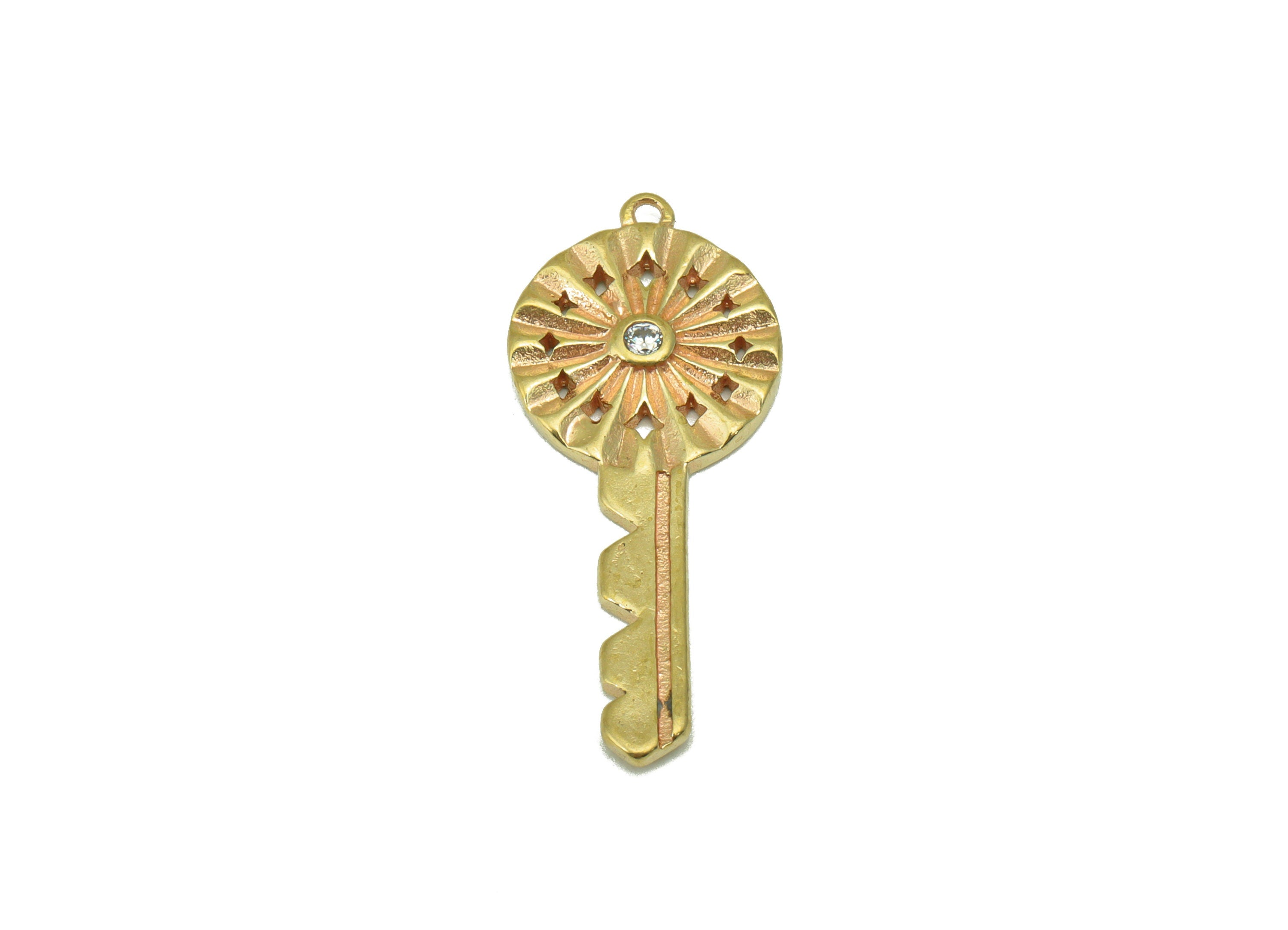 Brass Key Earring  Charm - Raw Brass Key Pendant - CubicZircons - Earring Finding -Jewelry Supplies -30x 13 x 2.12mm-PP8444 - DOMEDBAZAAR