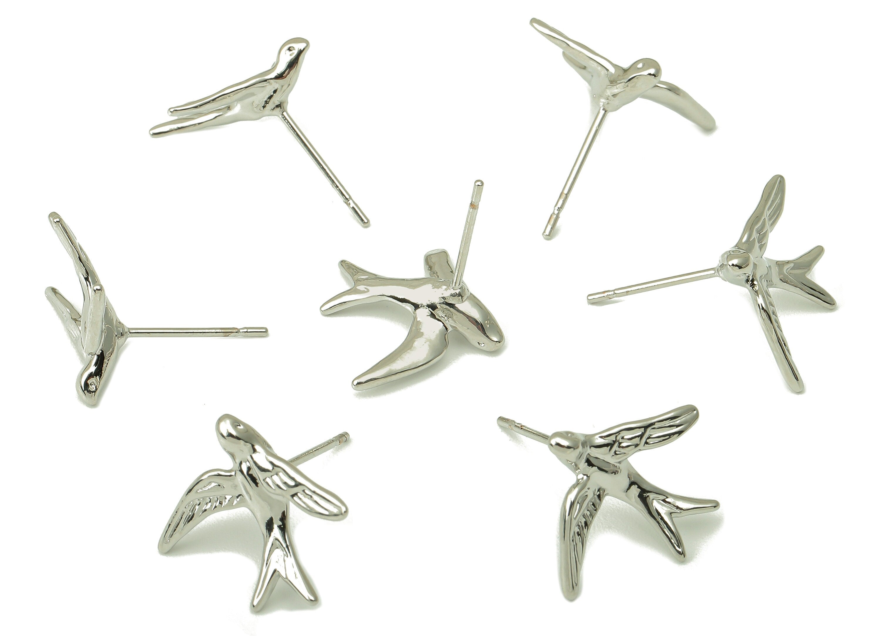 Silver Fly Bird Earring - Brass Swallow Stud Earring - Animal Earring Post -18K Real White Gold-Plated Brass - 16.6x14.5x1.9mm- RGP5915S - DOMEDBAZAAR