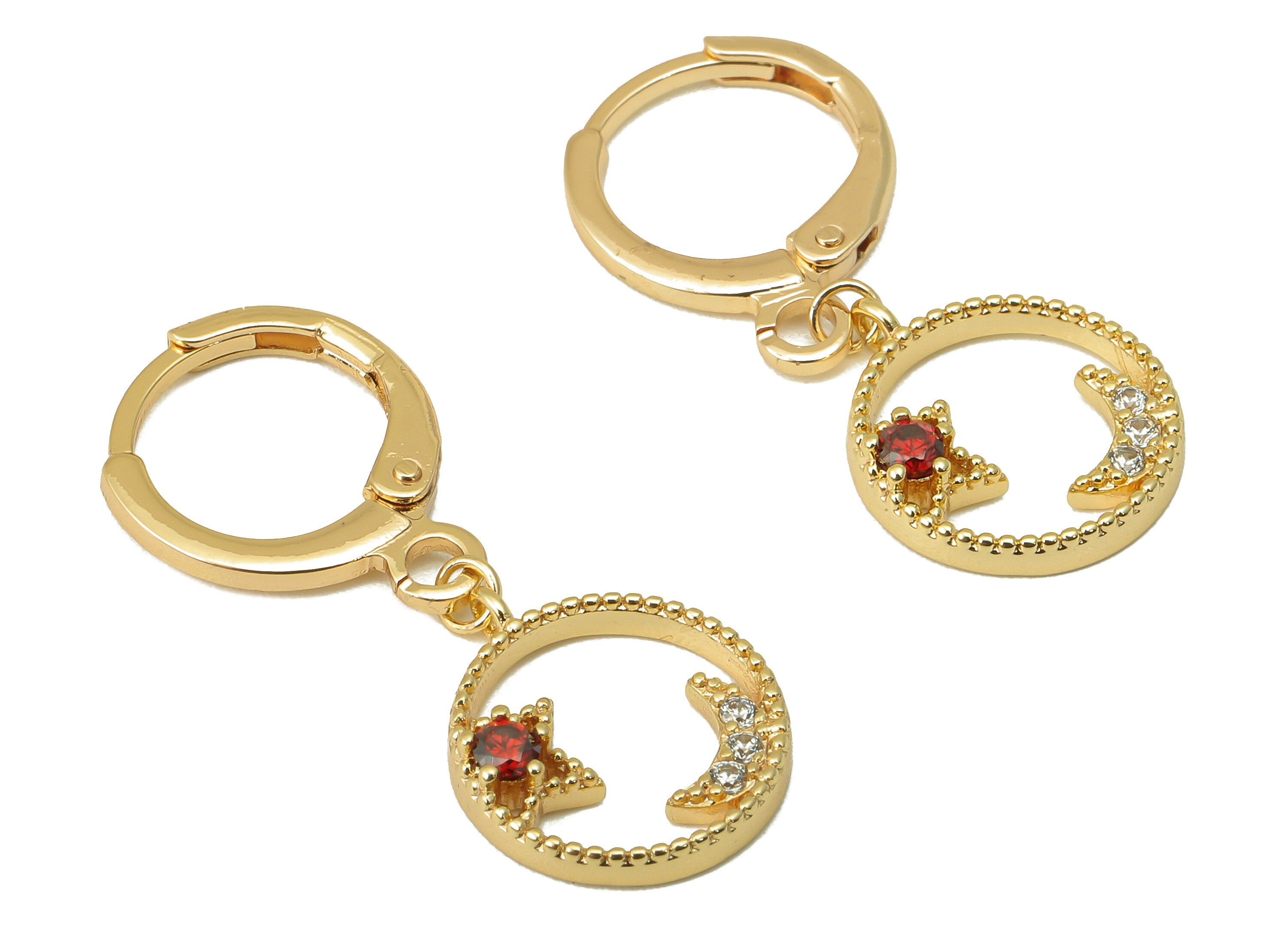 Brass Clasp Earring - Brass CZ Crescent Lever back Earring Huggie - Cubic Zirconia Star Hoop- 18K Real Gold Plating - 29x11x1.59mm - RGP6060 - DOMEDBAZAAR