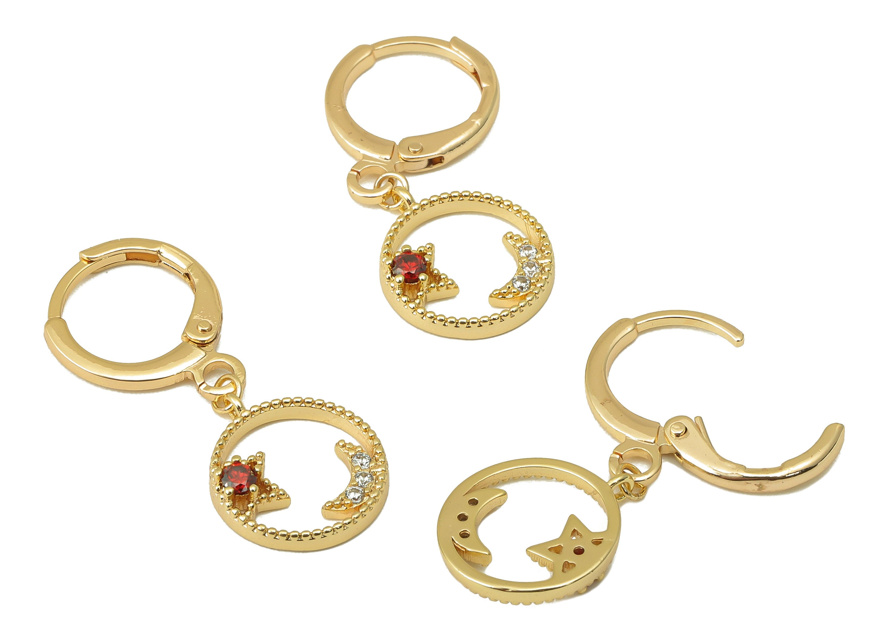 Brass Clasp Earring - Brass CZ Crescent Lever back Earring Huggie - Cubic Zirconia Star Hoop- 18K Real Gold Plating - 29x11x1.59mm - RGP6060 - DOMEDBAZAAR