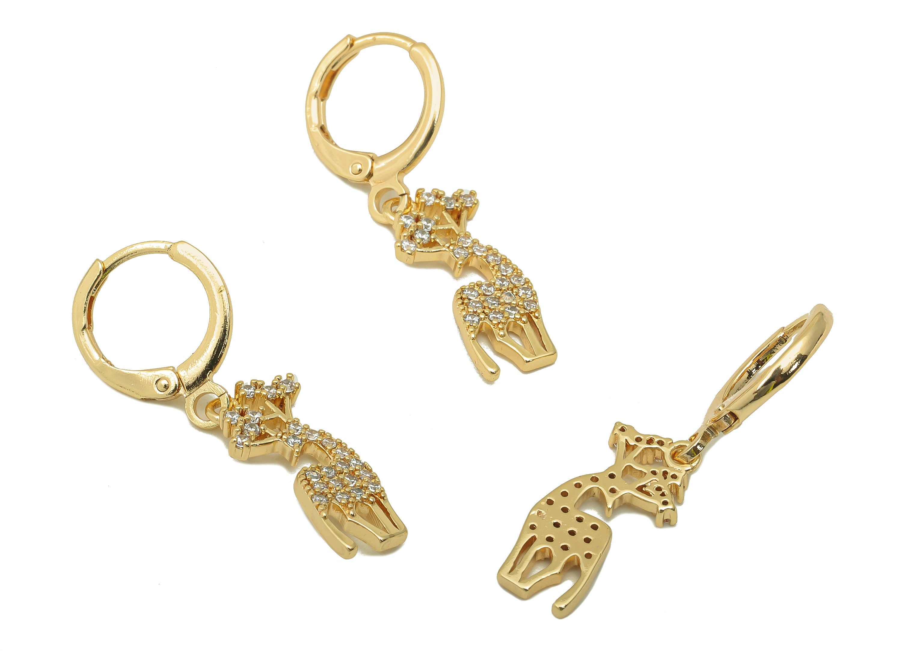 Brass Clasp Earring - Brass CZ Sika Deer Lever back Earring Huggie - Cubic Zirconia Deer Hoop- 18K Real Gold Plating - 31x11x1.6mm - RGP6063 - DOMEDBAZAAR