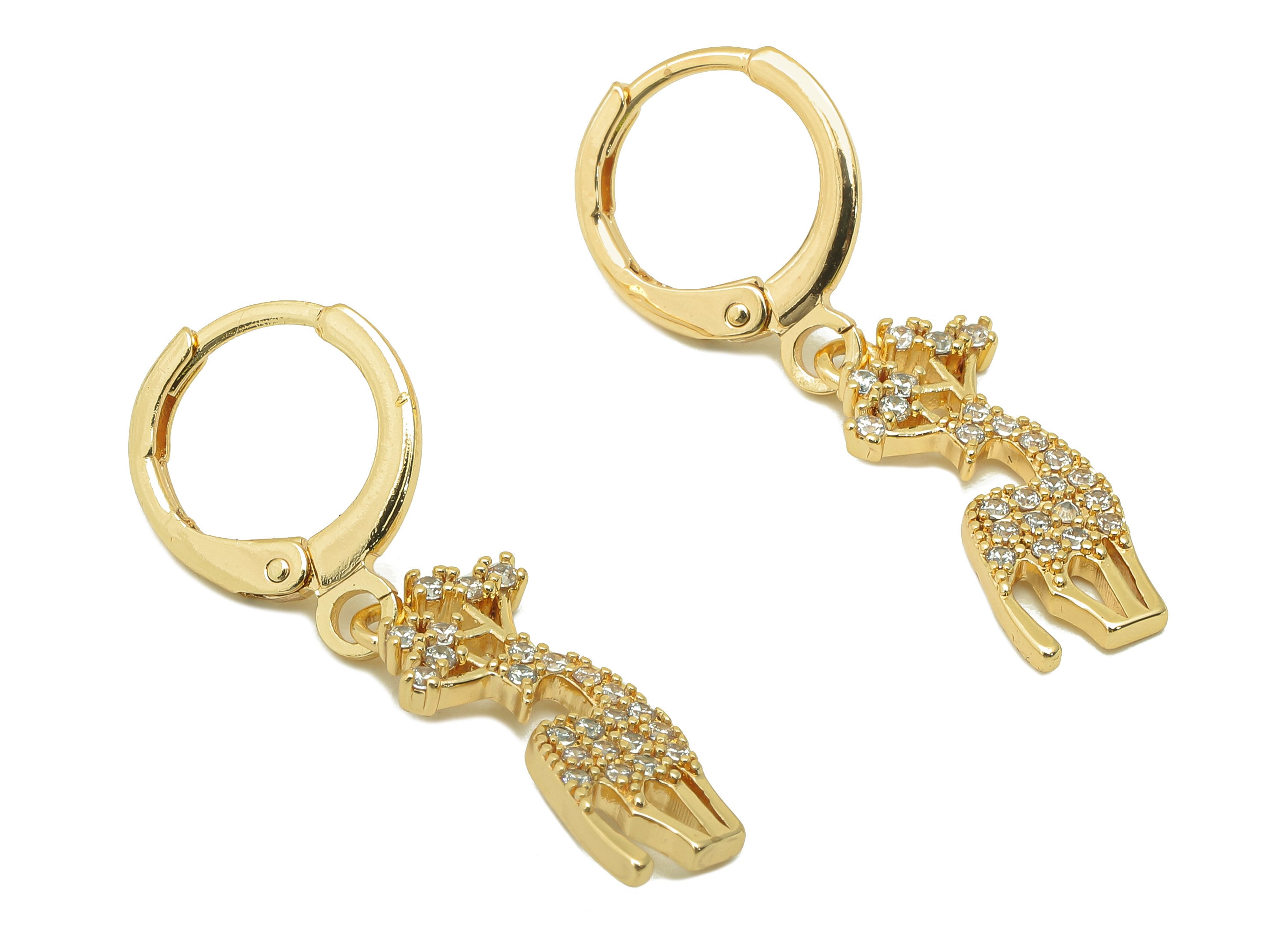 Brass Clasp Earring - Brass CZ Sika Deer Lever back Earring Huggie - Cubic Zirconia Deer Hoop- 18K Real Gold Plating - 31x11x1.6mm - RGP6063 - DOMEDBAZAAR