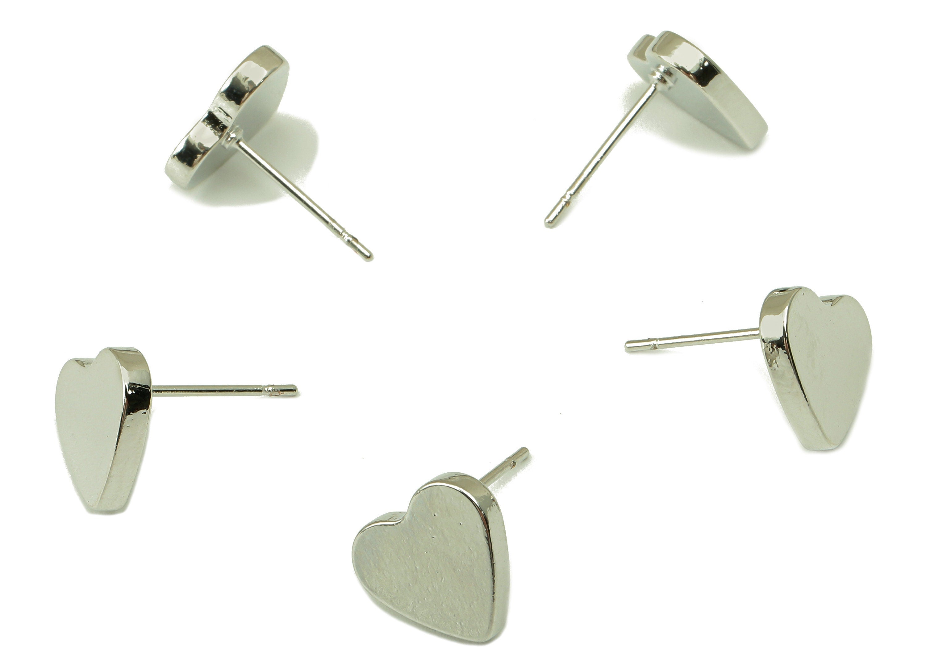 Silver Love Heart Stud - Smooth Silvery Cute Heart Post - Cubic Heart Stud Earring - 18K Real White Gold Plated - 10x 11.2 x 1.9mm- RGP5916S - DOMEDBAZAAR