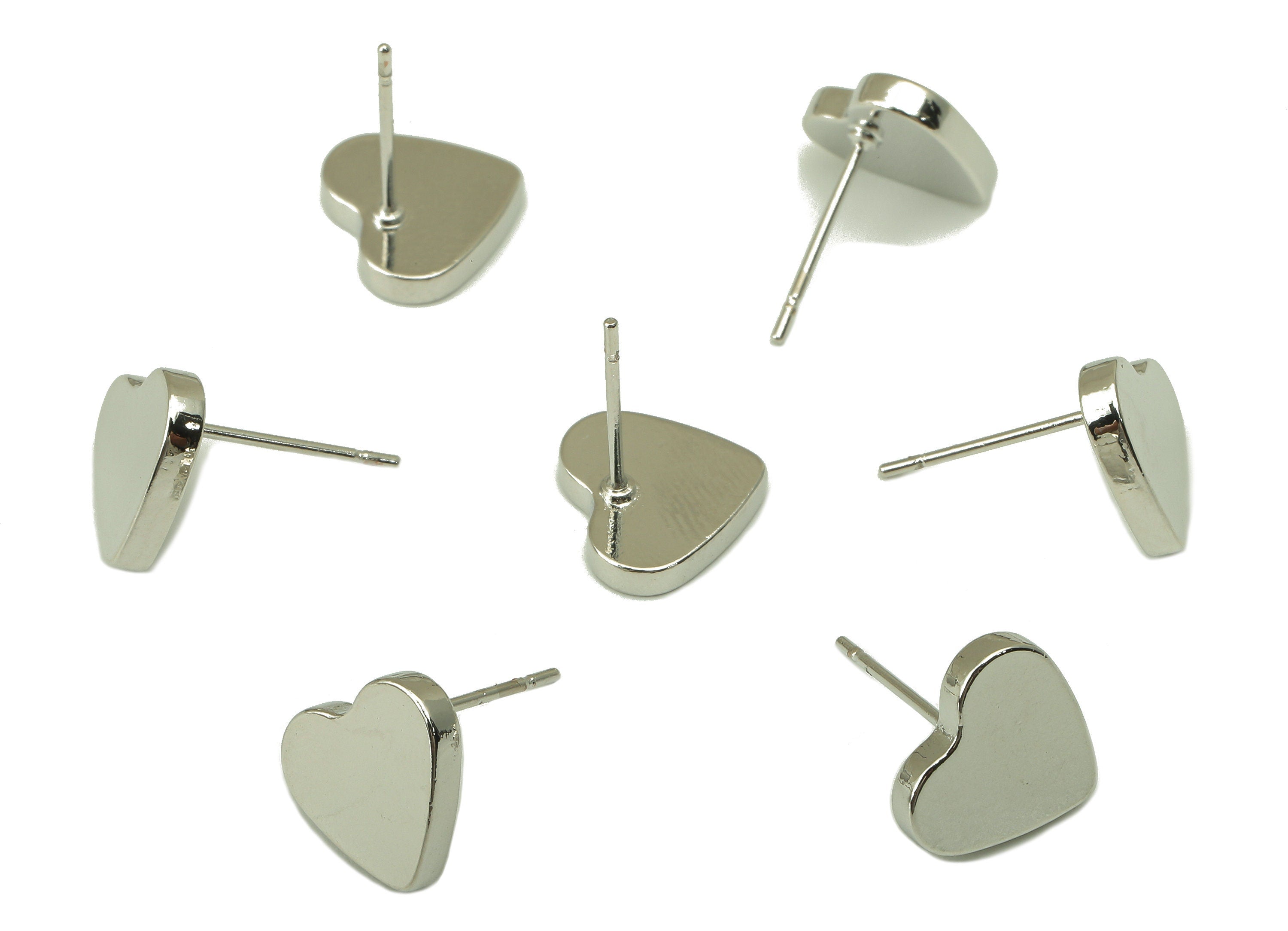 Silver Love Heart Stud - Smooth Silvery Cute Heart Post - Cubic Heart Stud Earring - 18K Real White Gold Plated - 10x 11.2 x 1.9mm- RGP5916S - DOMEDBAZAAR