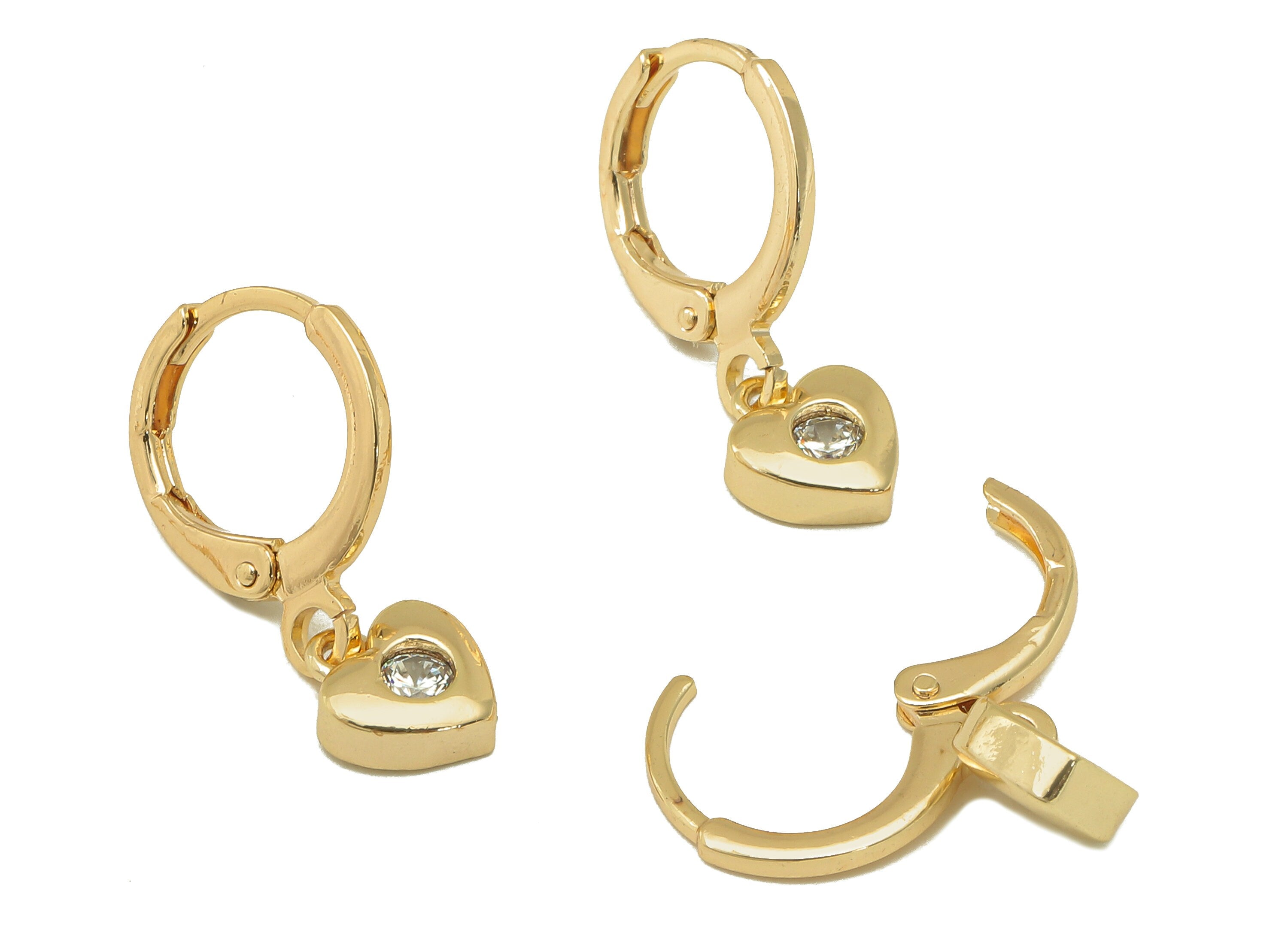 Brass Clasp Earring - Brass CZ Heart Lever back Earring Huggie - Cubic Zirconia Heart Hoop- 18K Real Gold Plating - 21x 11x 1.76mm - RGP6067 - DOMEDBAZAAR