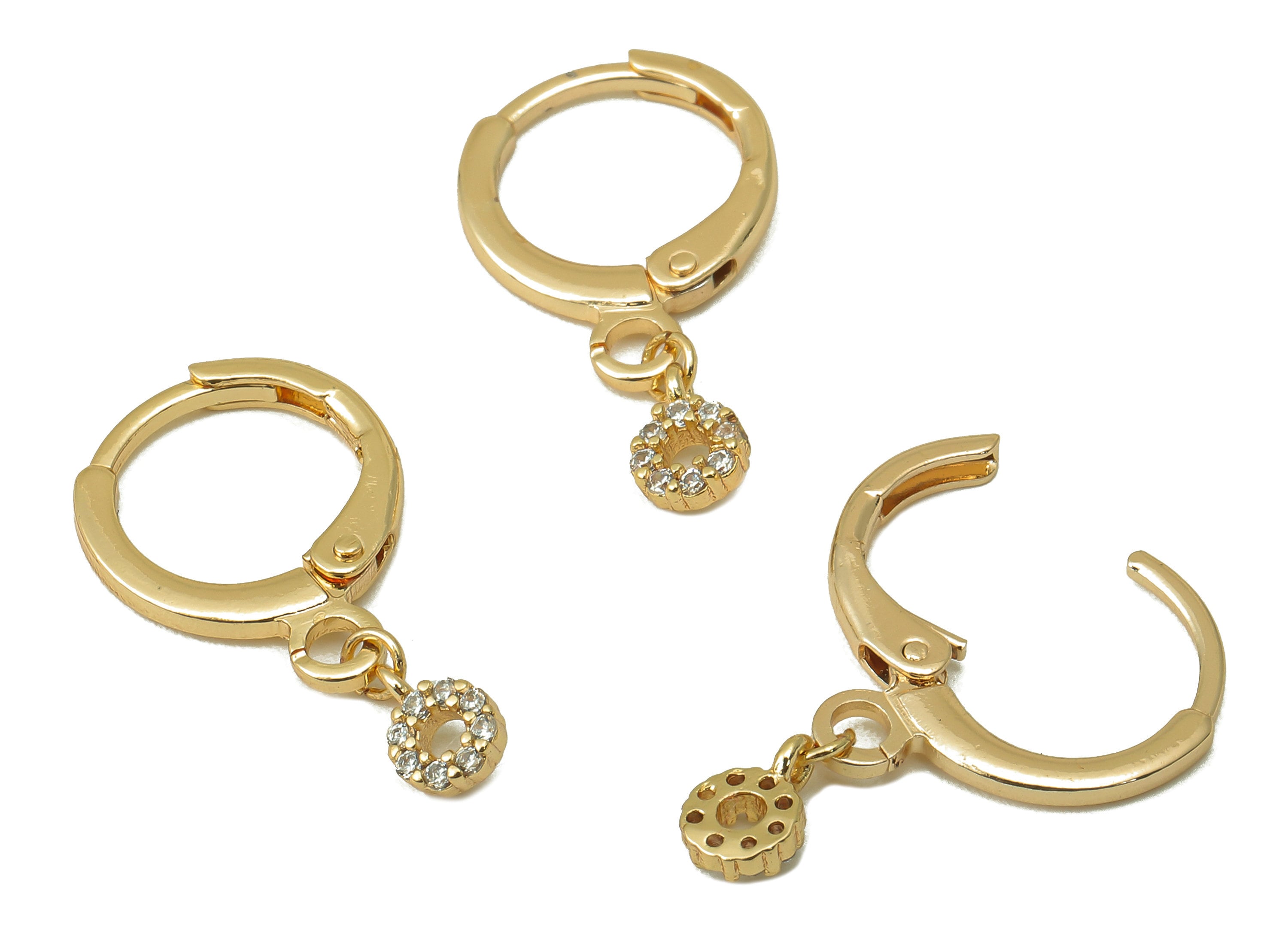 Brass Clasp Earring - Brass CZ Mini Round Lever back Earring Huggie - Cubic Zirconia Semi Hoop- 18K Real Gold Plating - 21x11x2mm - RGP6068 - DOMEDBAZAAR