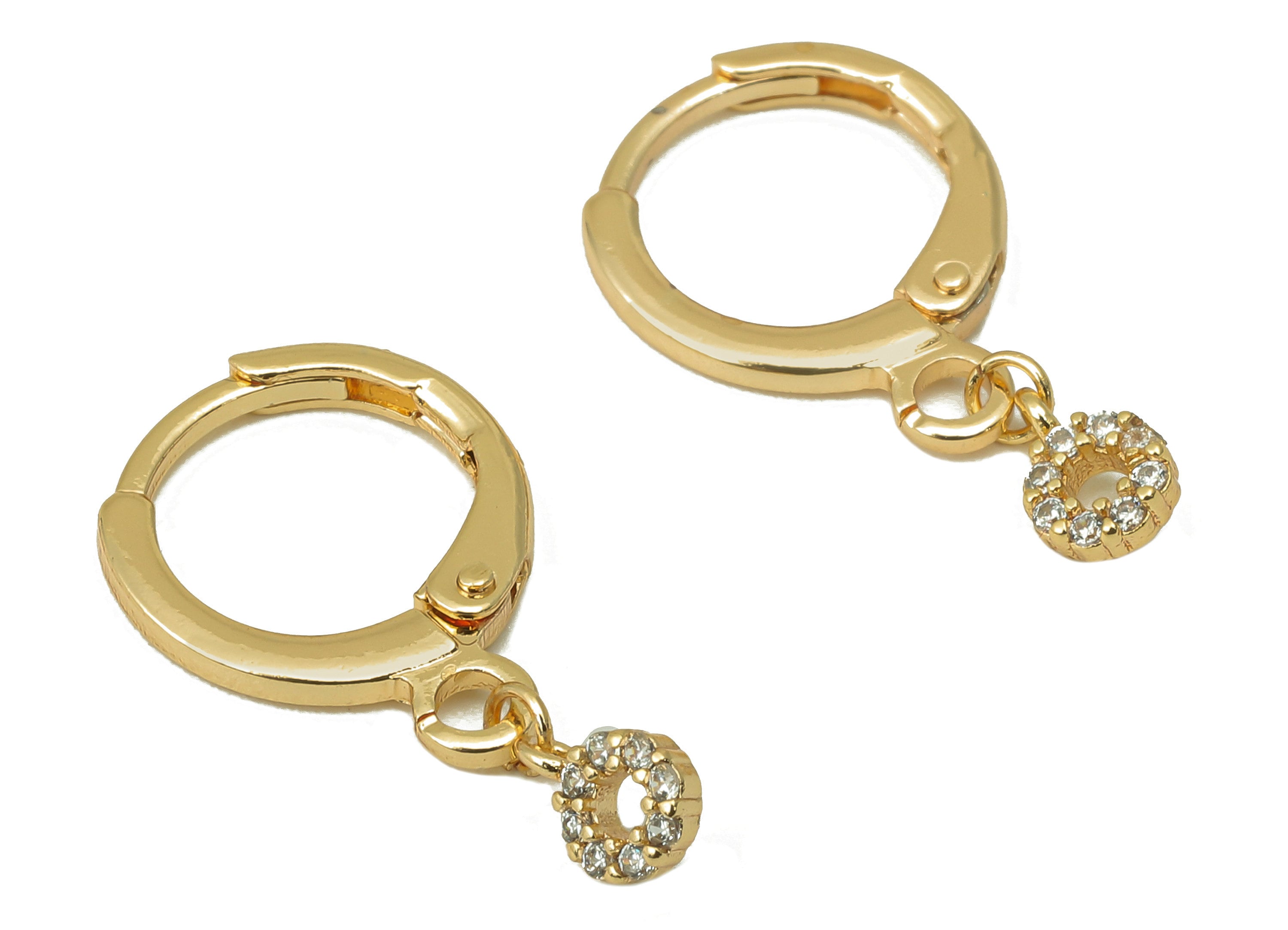 Brass Clasp Earring - Brass CZ Mini Round Lever back Earring Huggie - Cubic Zirconia Semi Hoop- 18K Real Gold Plating - 21x11x2mm - RGP6068 - DOMEDBAZAAR