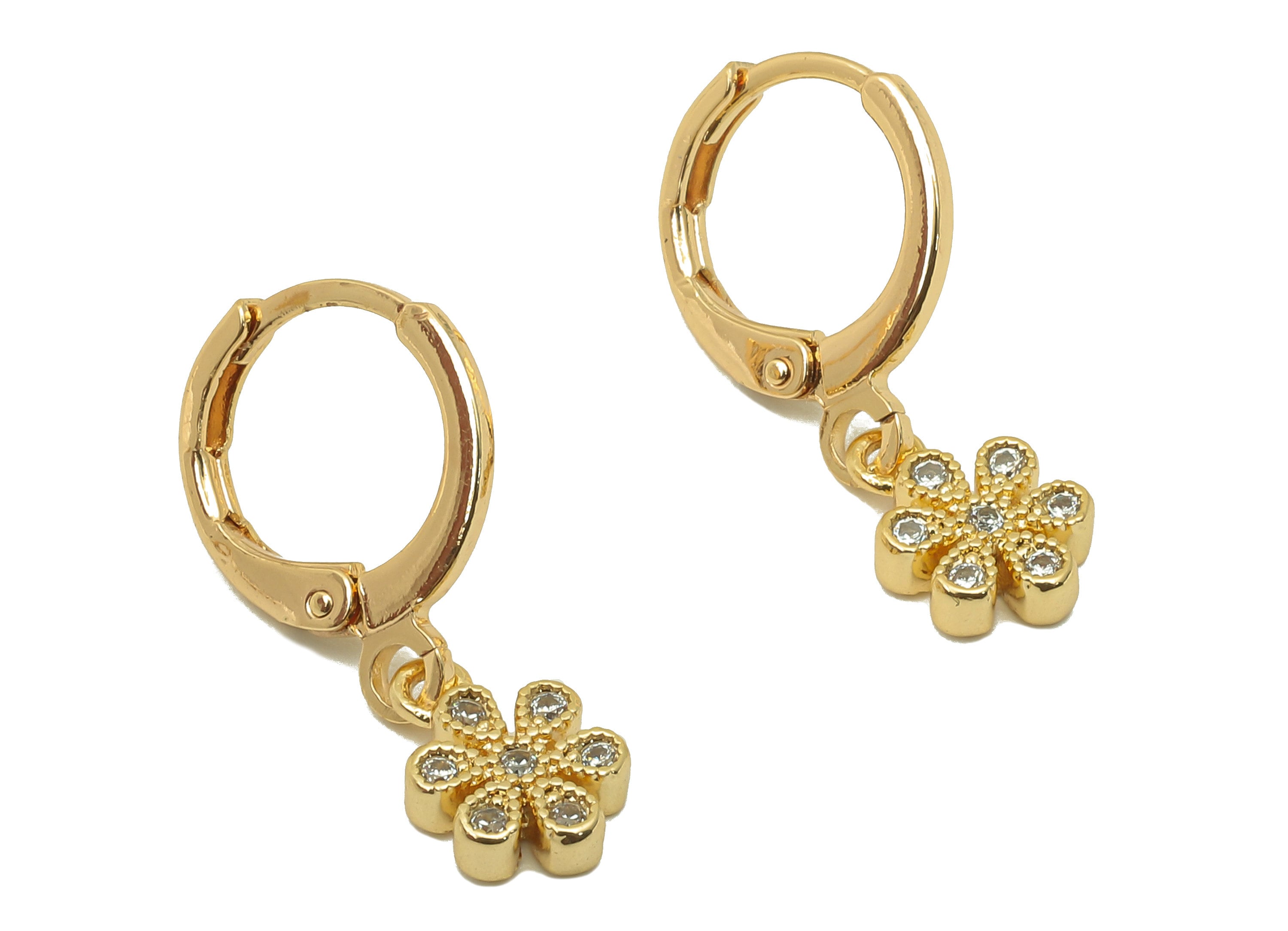 Brass Clasp Earring - Brass CZ Flower Lever back Earring Huggie - Cubic Zirconia Flower Hoop- 18K Real Gold Plating - 22.6x11x2mm - RGP6069 - DOMEDBAZAAR