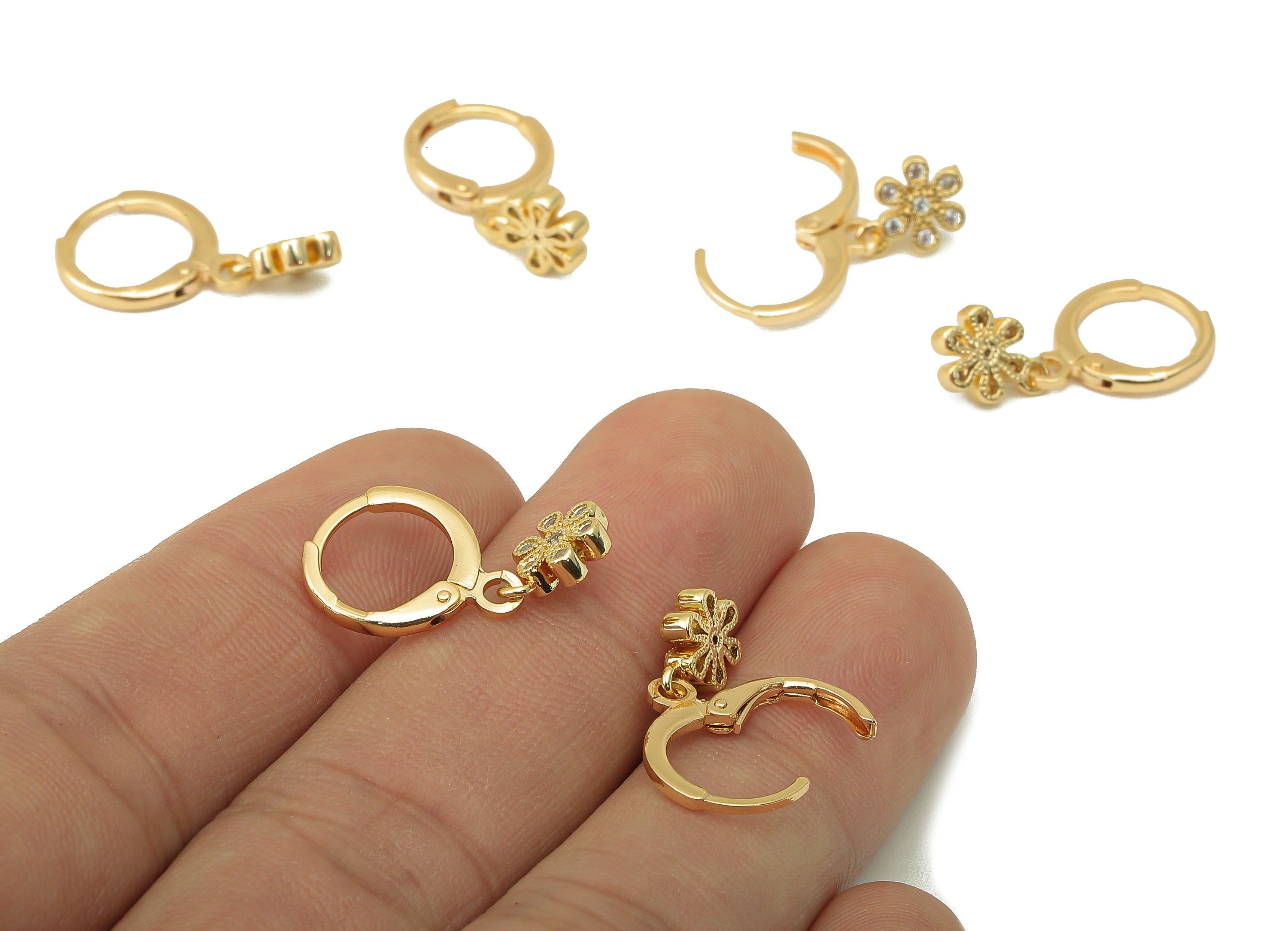 Brass Clasp Earring - Brass CZ Flower Lever back Earring Huggie - Cubic Zirconia Flower Hoop- 18K Real Gold Plating - 22.6x11x2mm - RGP6069 - DOMEDBAZAAR