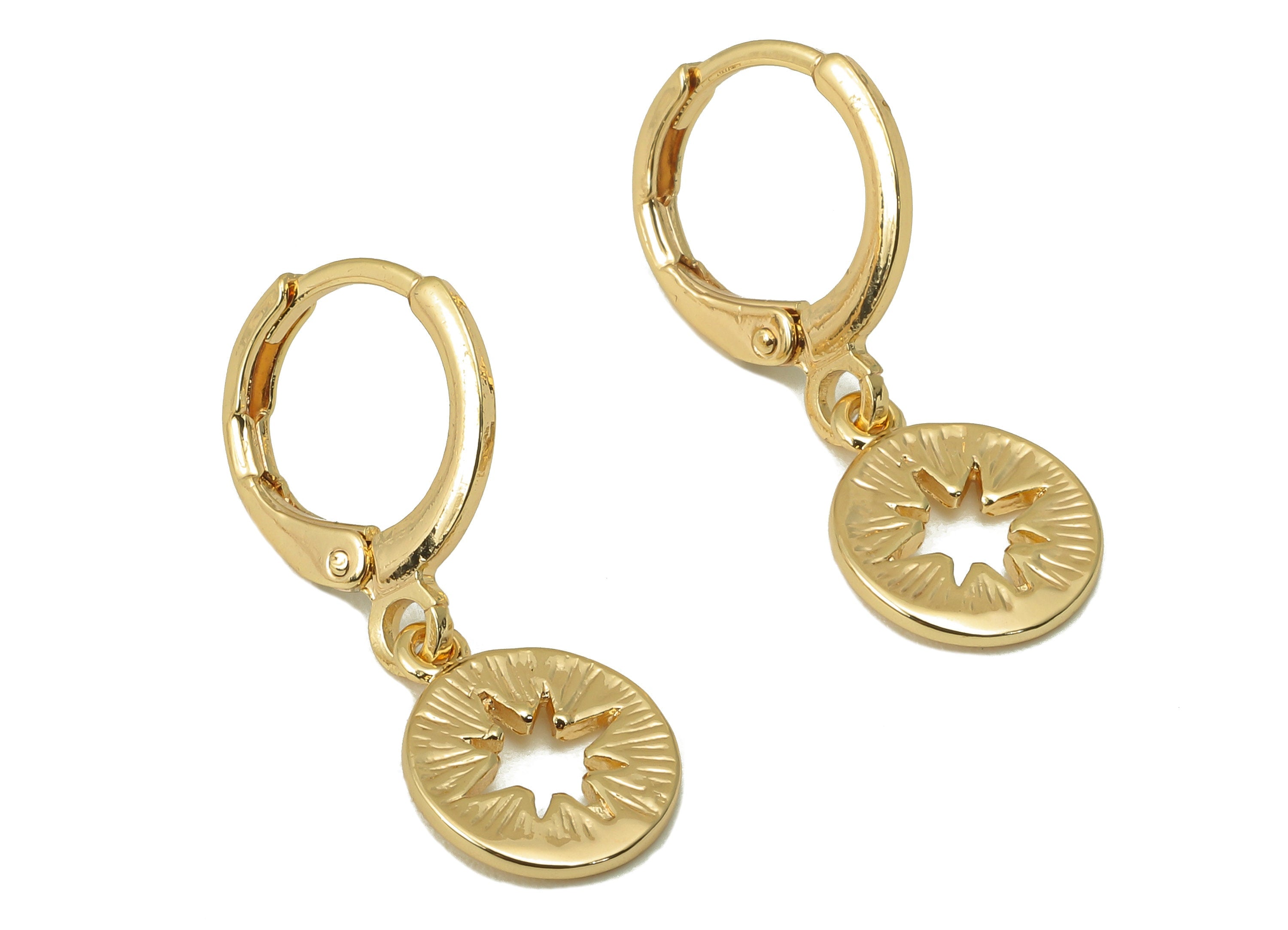 Brass Clasp Earring - North Star Lever back Earring Huggie - Hollow Star Hoop- 18K Real Gold Plating -25x11x1mm - RGP6070 - DOMEDBAZAAR